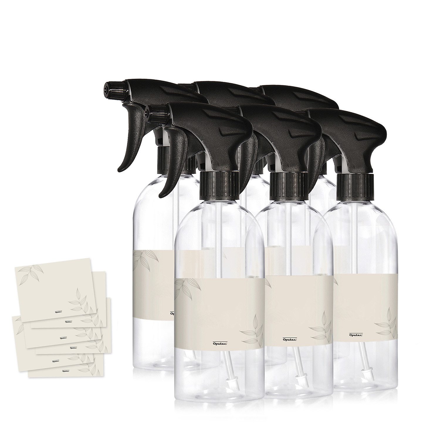 Oputec Sprühflasche 6 x 500ml Sprühflasche Kunststoff Transparent zum Befüllen + Etiketten