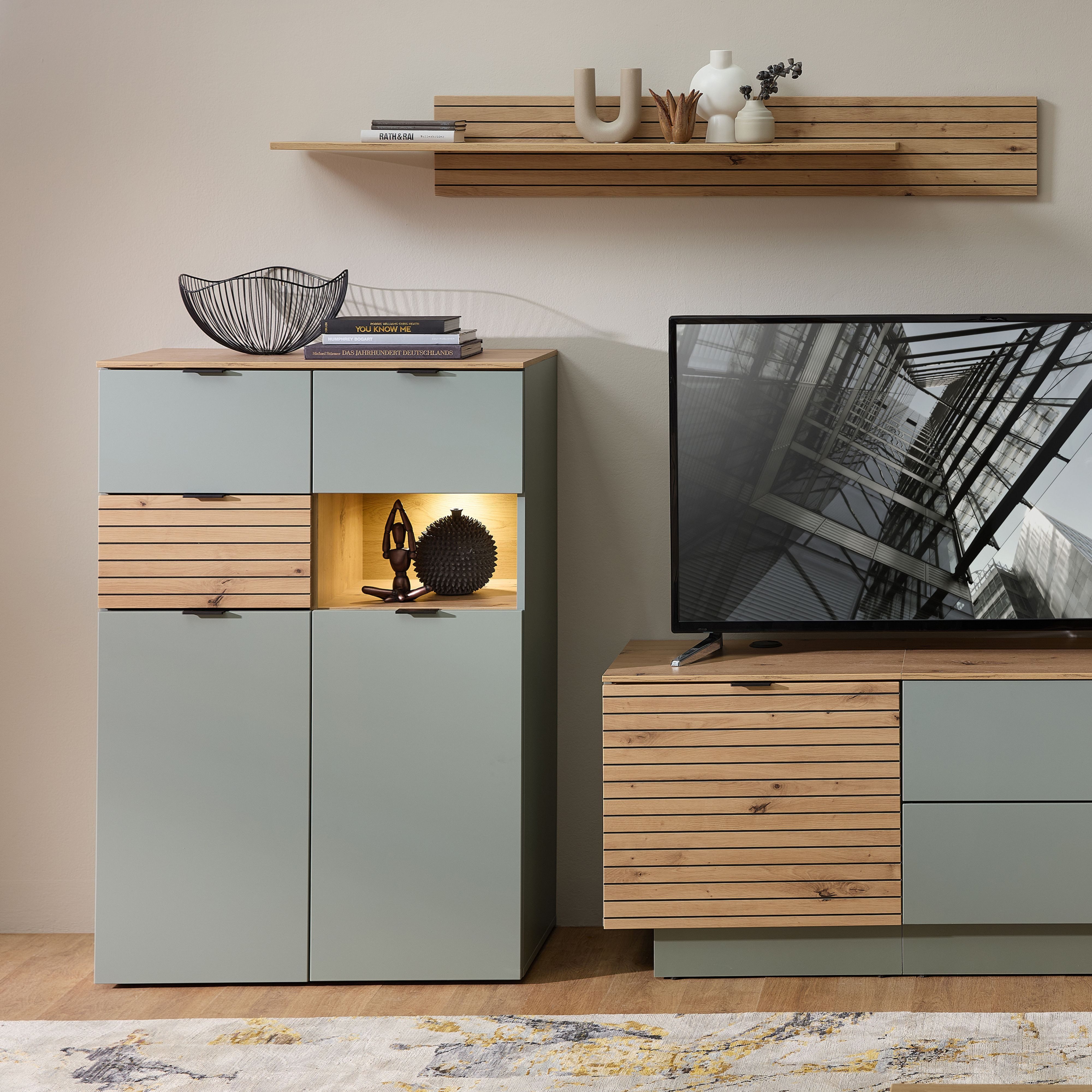 Innostyle Highboard INA Highboard, 84 x 125 x 45 cm (B/H/T) (1 St), 2 türig, 3 Schubladen, inkl. Beleuchtung, Softclose