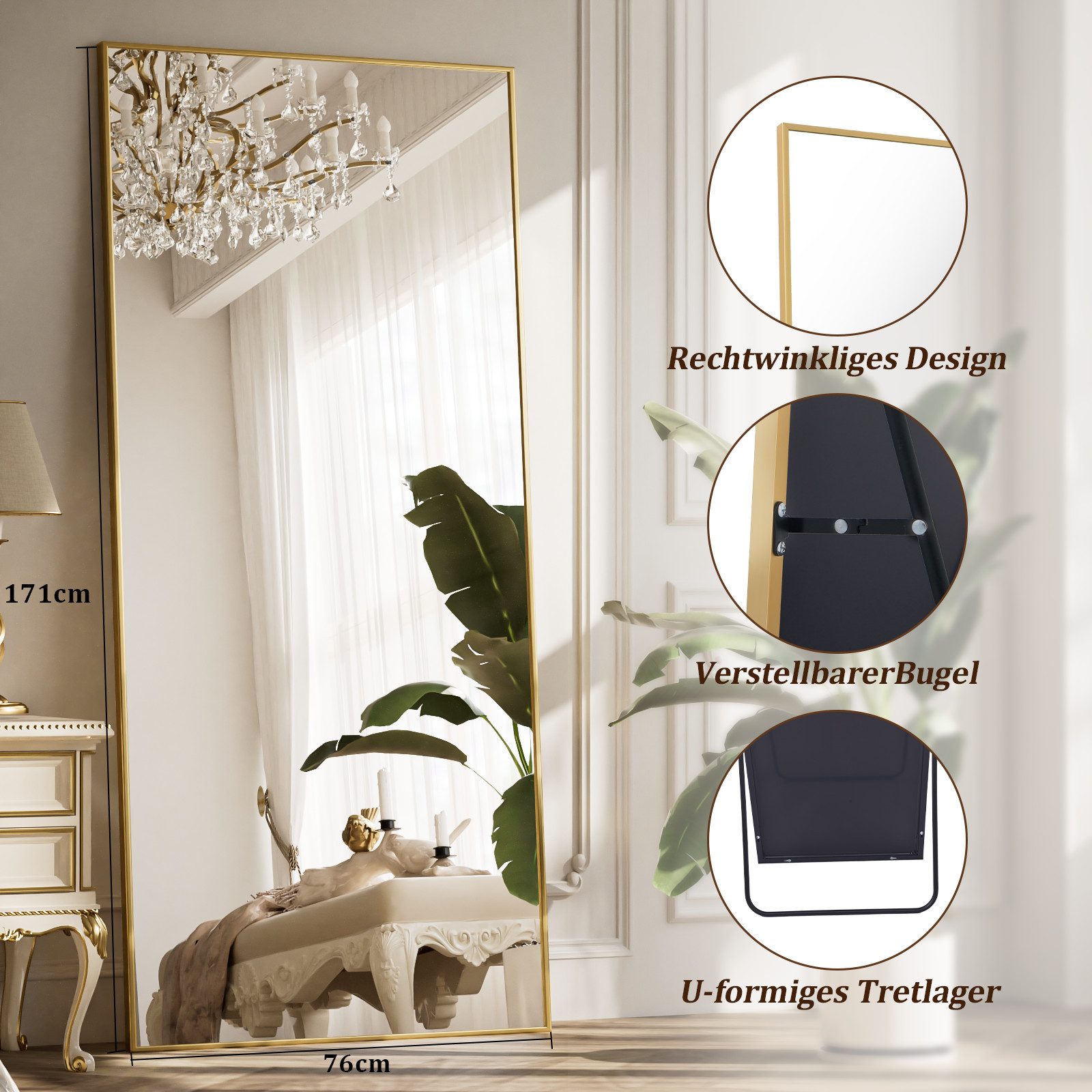 BEAUTYPEAK Ganzkörperspiegel Rechteckspiegel mit Ständer (40cm*150cm,60cm*165cm, Wandbefestigung möglich, verstärktes Glas, leicht zu installieren)