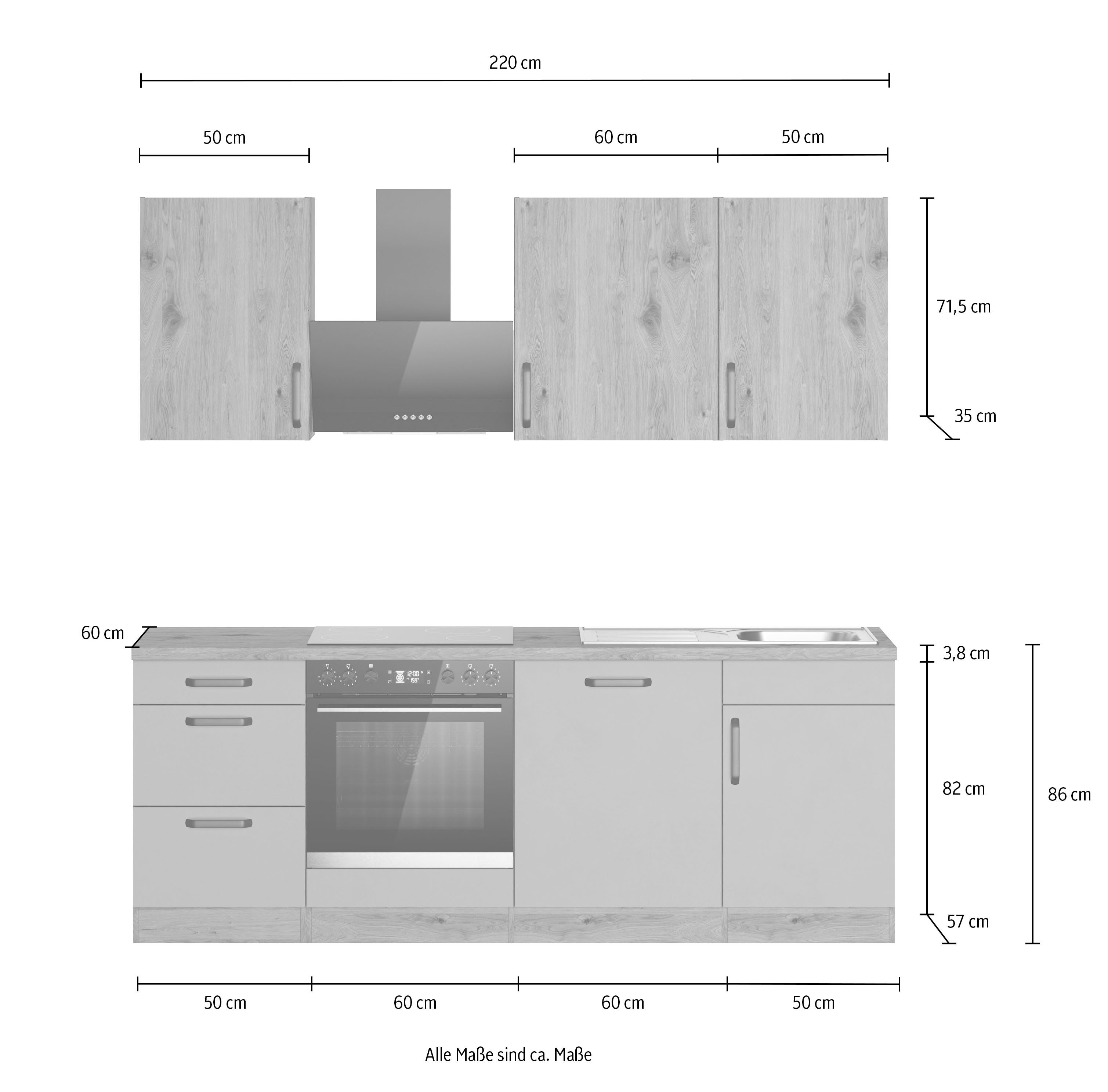wiho Küchen Küchenzeile Elba, wahlweise mit Hanseatic E-Geräten, Breite 220 cm