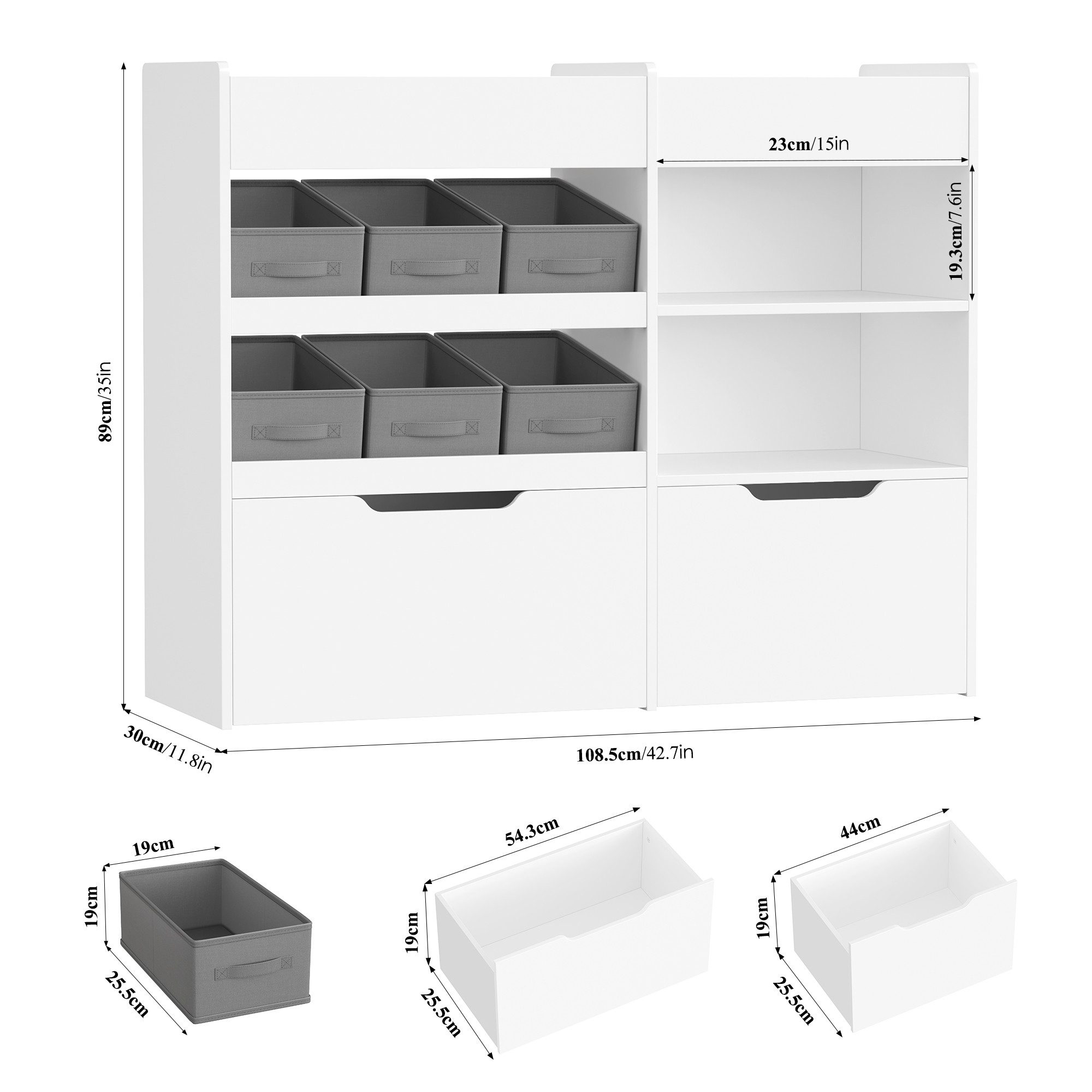 HOMECHO Kinderregal, mit 6 Boxen auf Rollen, Regal Kinderzimmer, Weiß, 108.6x88.5x30cm