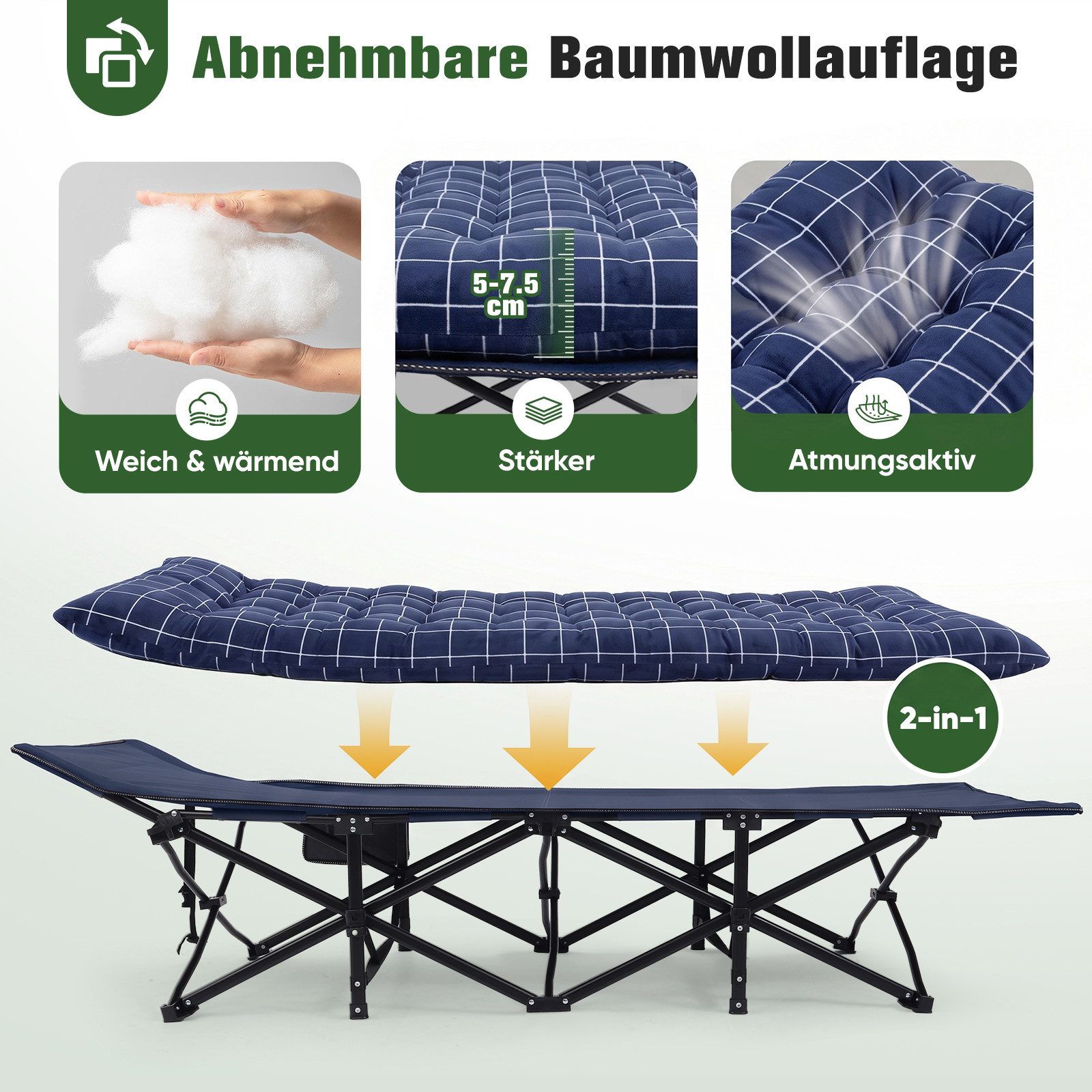 Sekey Feldbett 190cm x 71cm Campingbett Klappbar mit Matratze Gästebett Klappbett Tragbares Campingliege bis 200kg, Kariert, für Outdoor, Indoor, Reisen