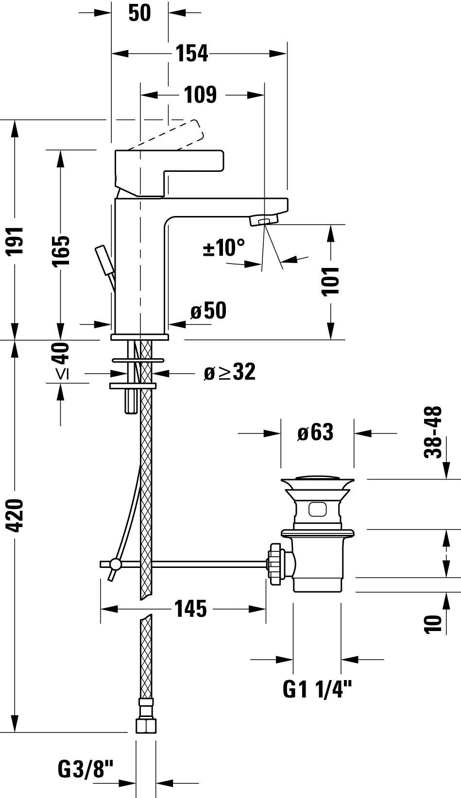 Duravit Waschtischarmatur D-Neo Waschtischmischer, Größe 10,9 AirPlus, cm, Ausladung AquaControl M, und Zugstangen-Ablaufgarnitur mit mit Chrom
