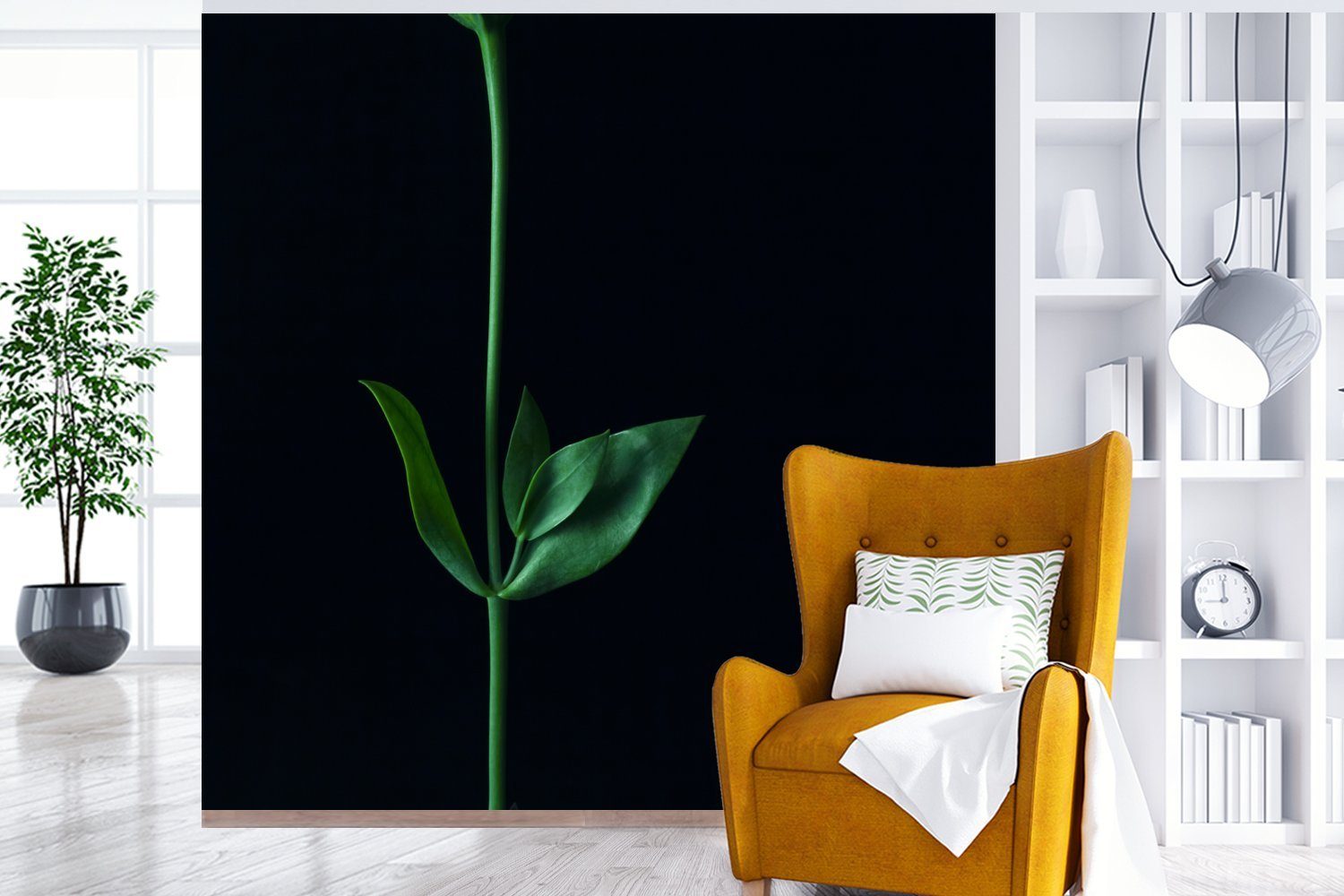Vinyl Blättern Schlafzimmer, auf schwarzem Stiel Fototapete MuchoWow Ein St), oder Tapete zwei Wohnzimmer Hintergrund, Matt, für bedruckt, mit grüner (5 Wandtapete