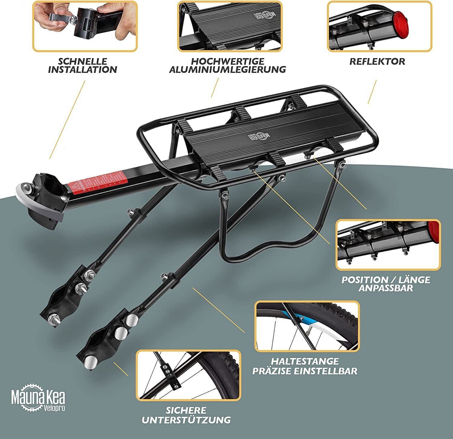 MaunaKea Velopro Fahrrad-Gepäckträger Fahrrad Gepäckträger verstellbar für 22-27 Zoll Fahrräder Alu (Packung, 5-tlg)