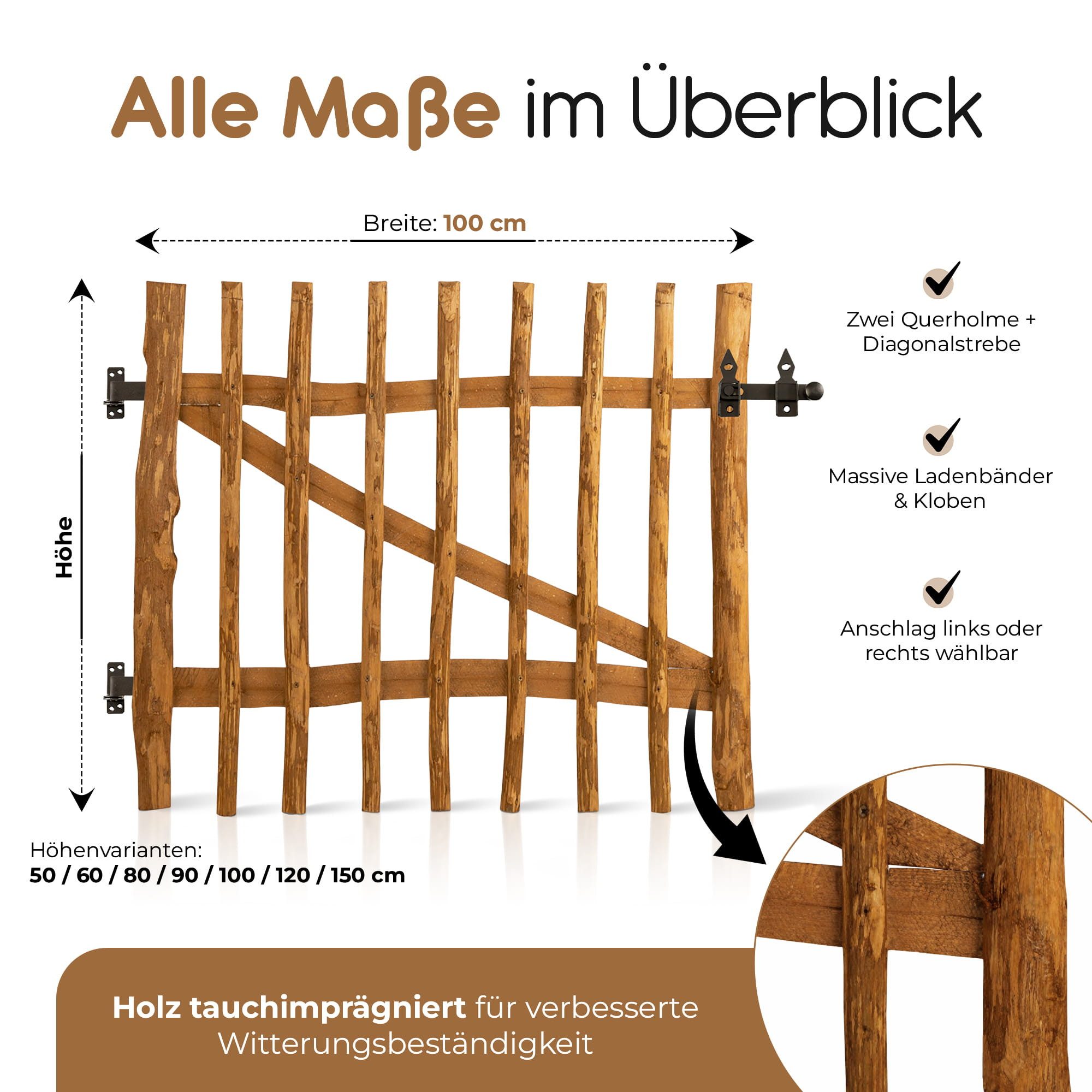 BooGardi Gartentor Holztor für Staketenzaun 100cm breit imprägniert, (50 cm hoch x 100 cm breit · 7-9 cm Lattenabstand in 14 Größen), Gartentür für Holzzaun · Bauerntor · Garten · Zaun · Haselnuss · Holz