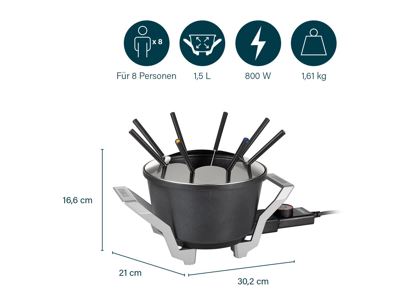 PRINCESS Elektro-Fondue, 8 Fonduegabeln, 1.5 l, Set mit 8 Gabeln für 2-8 Personen Alu Fonduetopf auch für Käsefondue