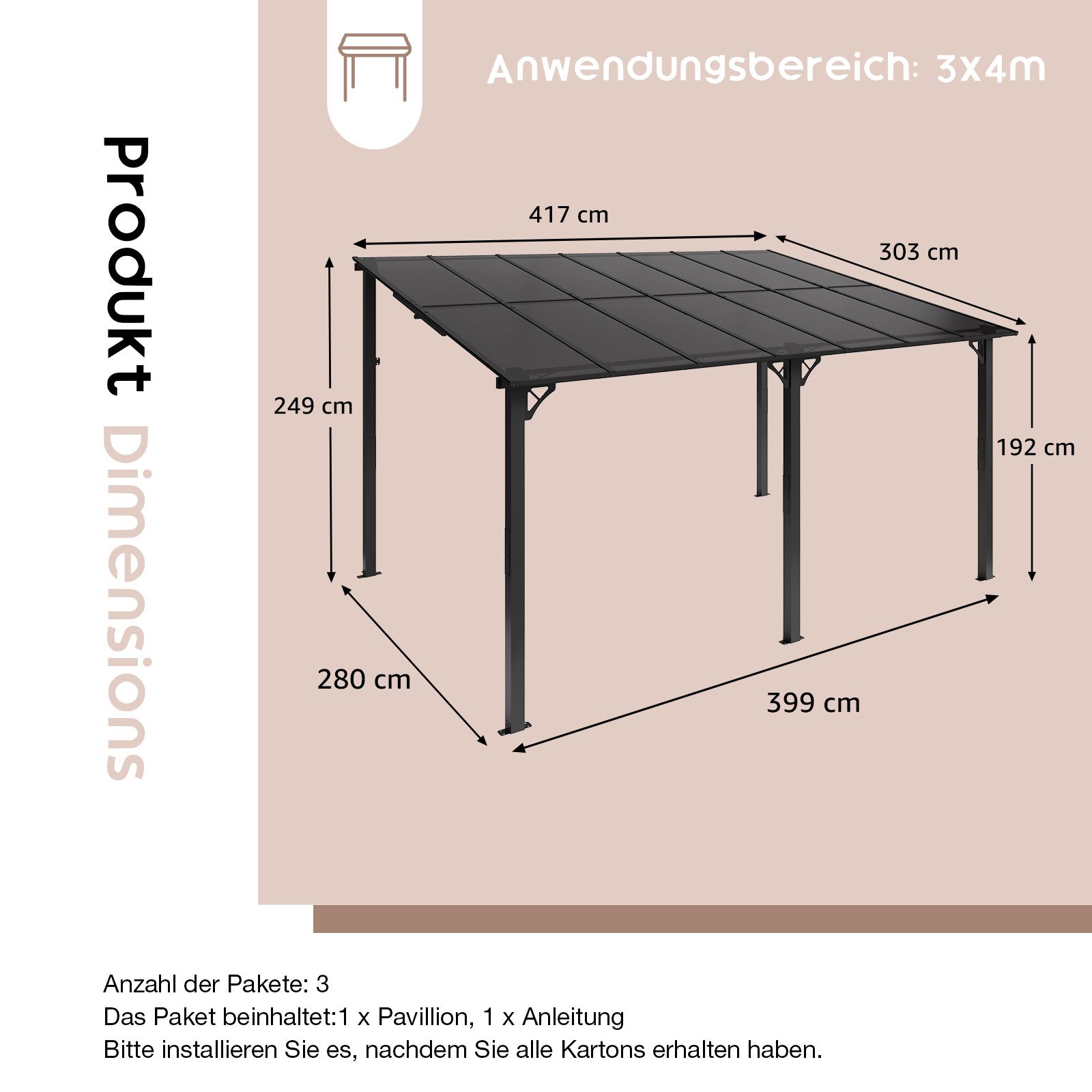 JOIVI Pergola Pergola 3x4m Terrassenüberdachung, Carport mit Sonnendach, (P günstig online kaufen