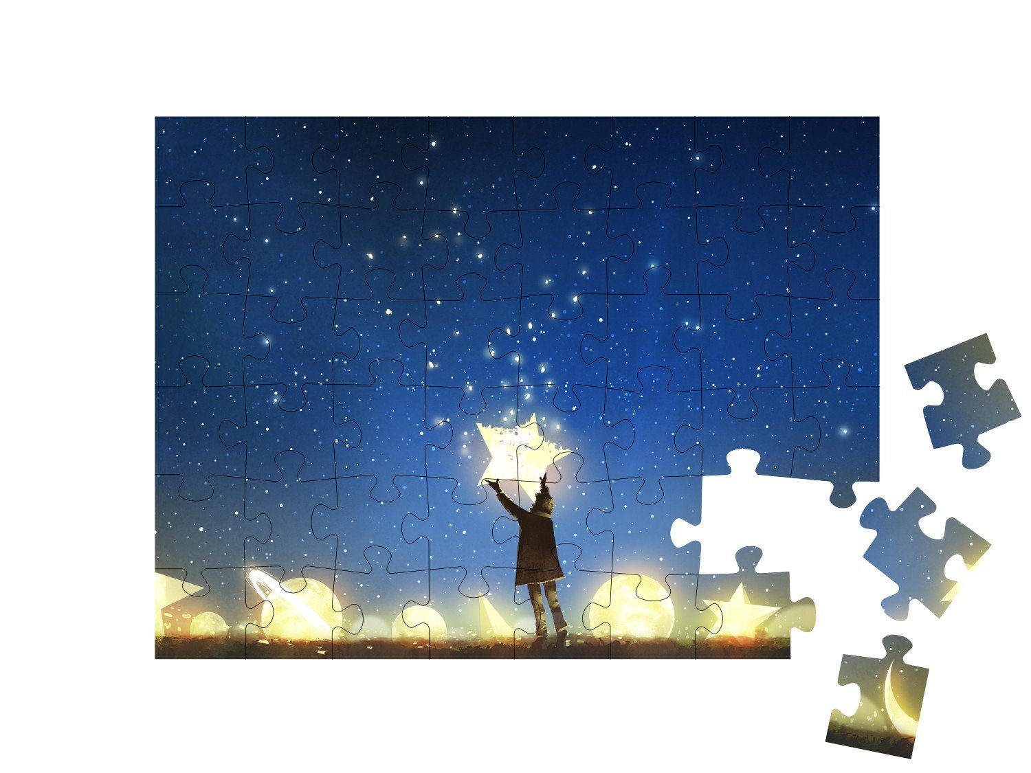 puzzleYOU Puzzle Junge beim Aufhängen Astronomie puzzleYOU-Kollektionen am Nachthimmel, Puzzleteile, 48 Sternen Fantasy, von