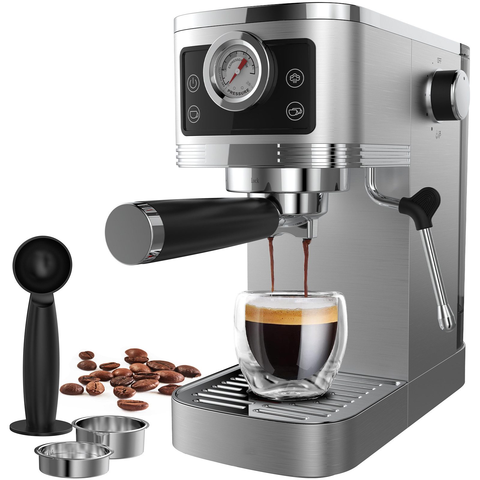 Comfy Mate Espressomaschine Halbautomatische Kaffeemaschine mit Manometer, 20 Bar Ulka-Pumpe, Kaffeekanne, Edelstahlfilter 51mm, 10mm Milchschaumdüse, Tassenwärmer, Edelstahlgehäuse, Touch-Bedienung
