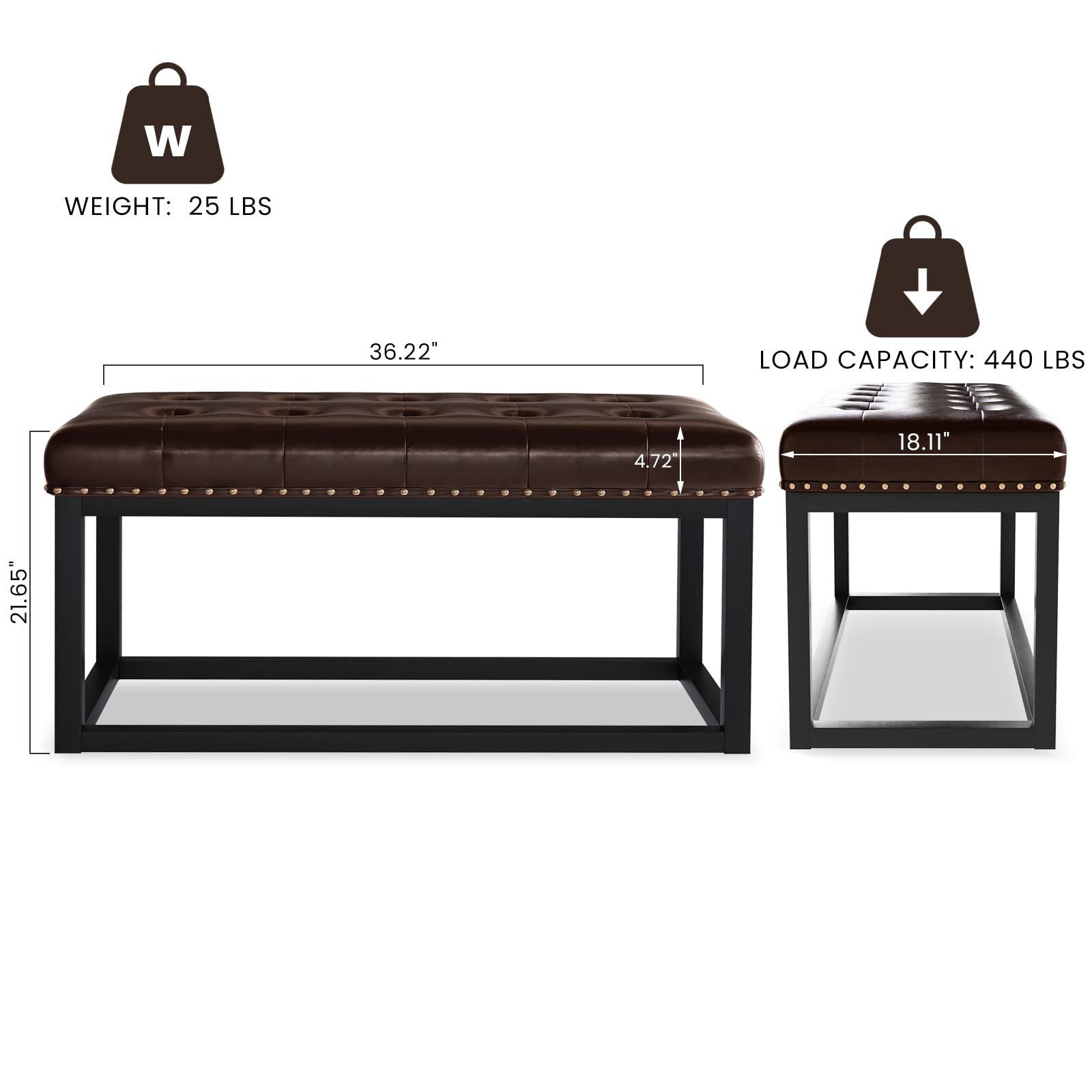 REDOM Polsterbank Industrieller Vintage-Look, ideal für Eingangsbereich & Esszimmer (Packung, 1-St., 91 cm lange Polsterbank in Braun mit Knopfsteppung & Metallgestell), Stilvolle Sitzbank auch für Schlafzimmer & als Dekoelement nutzbar