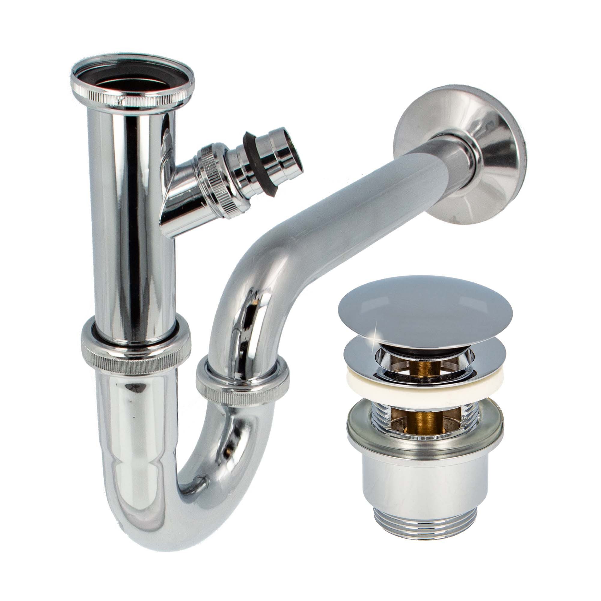 tecuro Siphon Siphon mit Pop Up Ablaufventil verchromt- Set für Waschtisch, (Ablaufventil und Röhrensiphon)