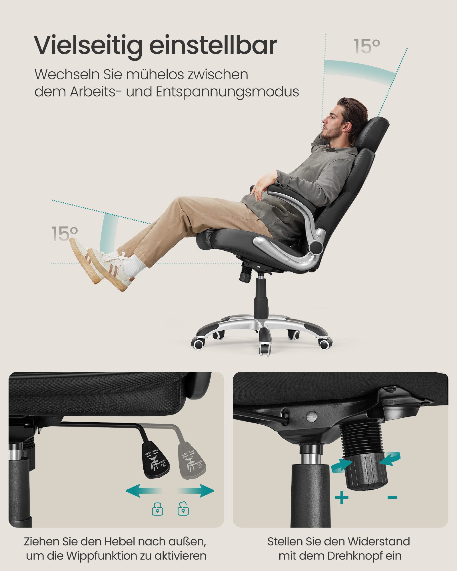SONGMICS Bürostuhl Gaming-Stuhl, verstellbare Kopfstütze, Wippfunktion, Schreibtischstuhl, verstellbare Armlehnen, Universalrollen, höhenverstellbar – Bild 5 von 5