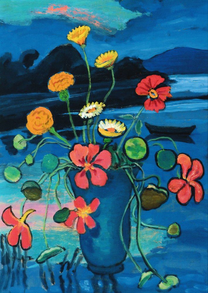 Postkarte Kunstkarte Gabriele Münter "Blumenstillleben vor Landschaft"