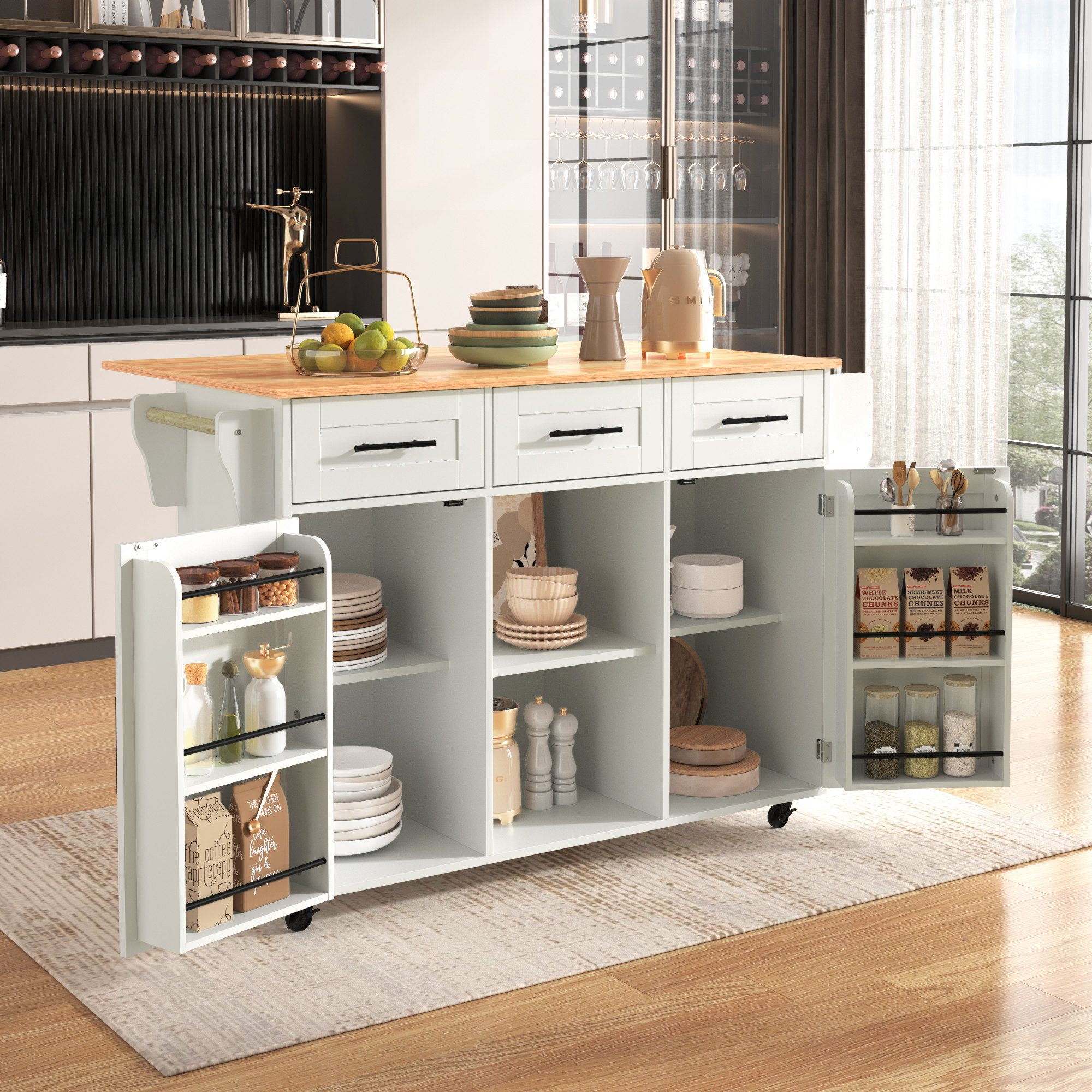 STILVORA Küchenwagen mit klappbare Arbeitsplatte,Buffetschrank Kücheninsel mit Ablagetür, (Kücheninse, Servierwagen, Küchenschrank, 1 St., 5 Räder, 3 Tür), mit Ausziehbare Arbeitsplatte,Massivholzbeine umschaltbar
