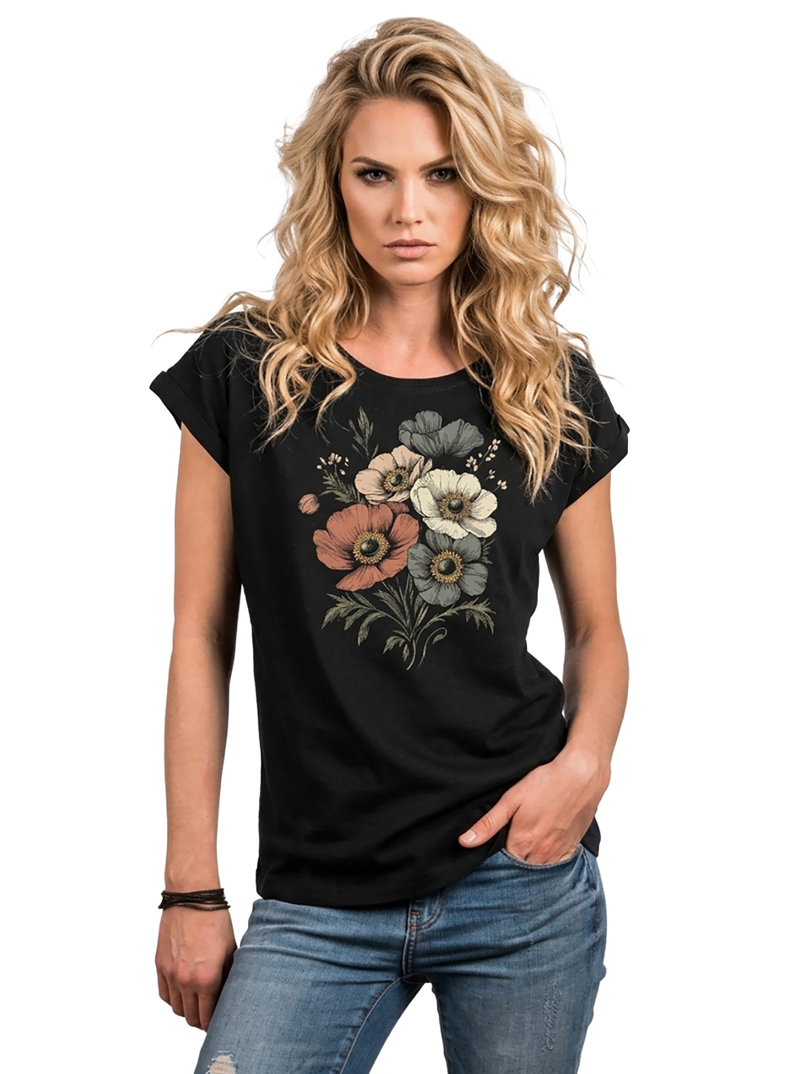 MAKAYA T-Shirt Damen Sommer Top mit Vintage Blumenprint im Retro Boho Style (Schwarz, Blau, Dunkelgrau, 34, 36, 38, 40, 42, 44, 46, 48, 50) Baumwolle
