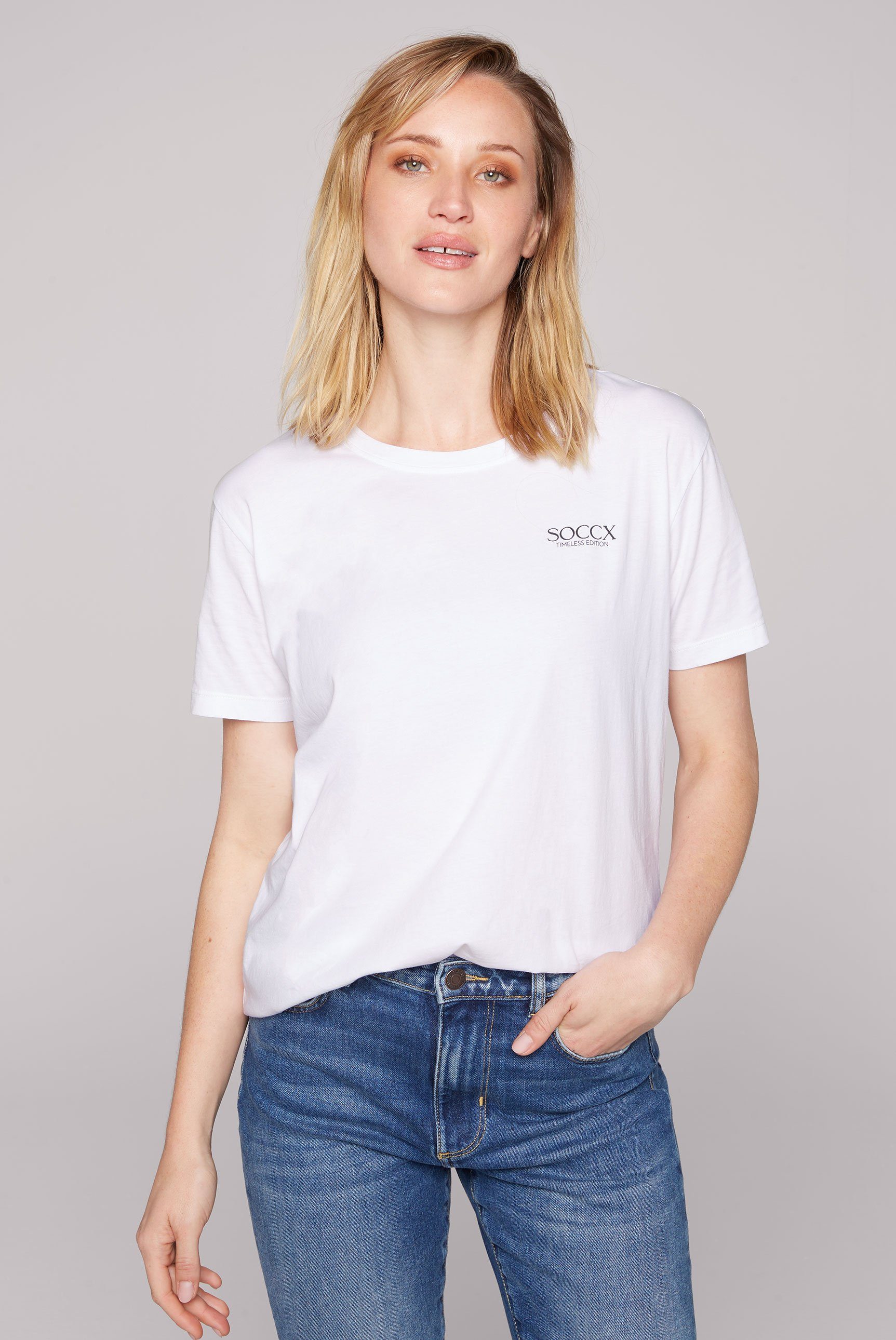 Brusthöhe Print auf Kleiner aus Logo Baumwolle, SOCCX Rundhalsshirt