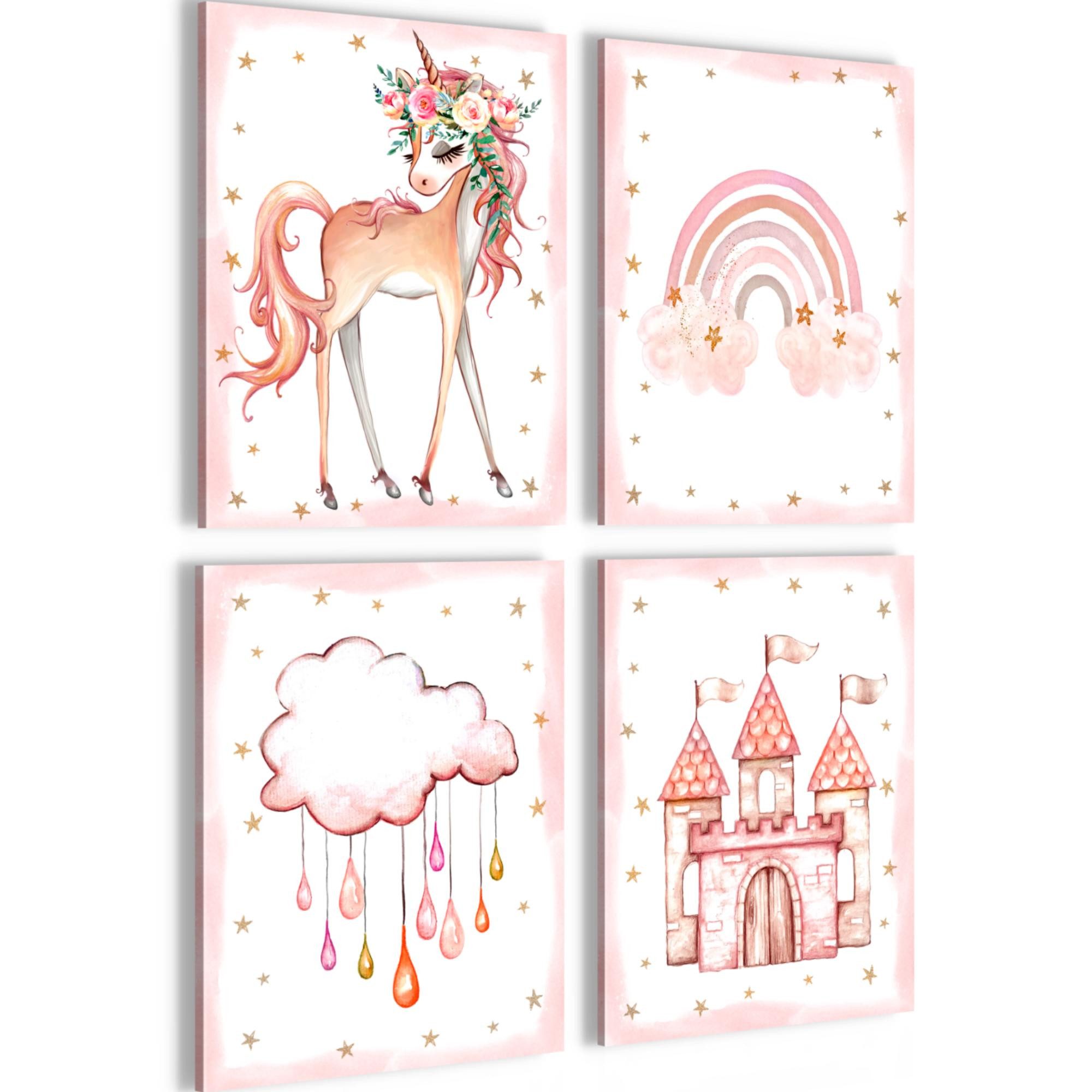 Novart Wandbild Kinderzimmer Mädchen Einhorn Rosa Pink, (4 St)