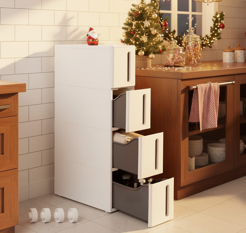 SONGMICS Beistellwagen Nischenregal mit Rollen, Rollwagen, 4 tiefe Schubladen, 17,3 cm breit, viel Stauraum