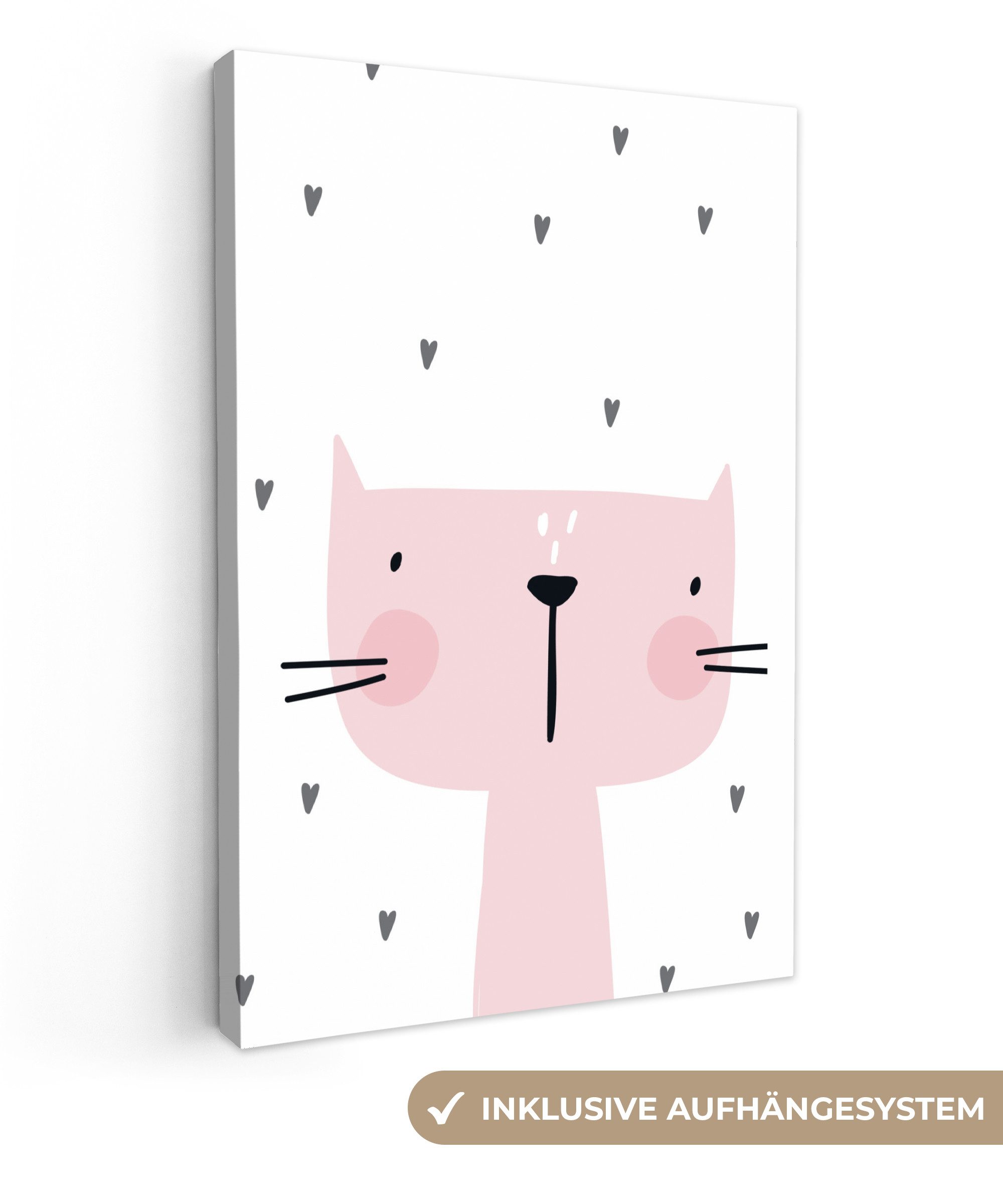OneMillionCanvasses® Leinwandbild Katze - Rosa - Herz - Illustration - Kind - Kinder, Fotodruck (1 St), Leinwand Canvas Wandbild, Wanddekoration 20x30 cm