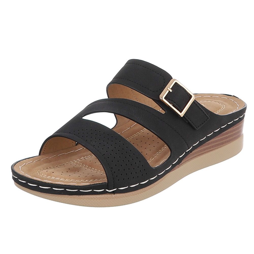 Ital-Design Damen Keilsandale mit Schnalle und Komfortfußbett Pantolette (91849273) Keilabsatz/Wedge Keilsandaletten in Schwarz