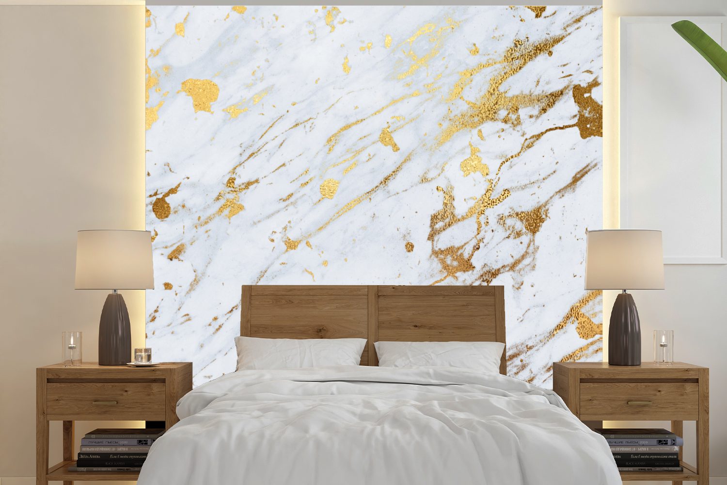 Schlafzimmer, für Tapete Vinyl Weiß, - Matt, (5 Fototapete Gold bedruckt, oder Muster - Wandtapete St), - MuchoWow Marmor Wohnzimmer