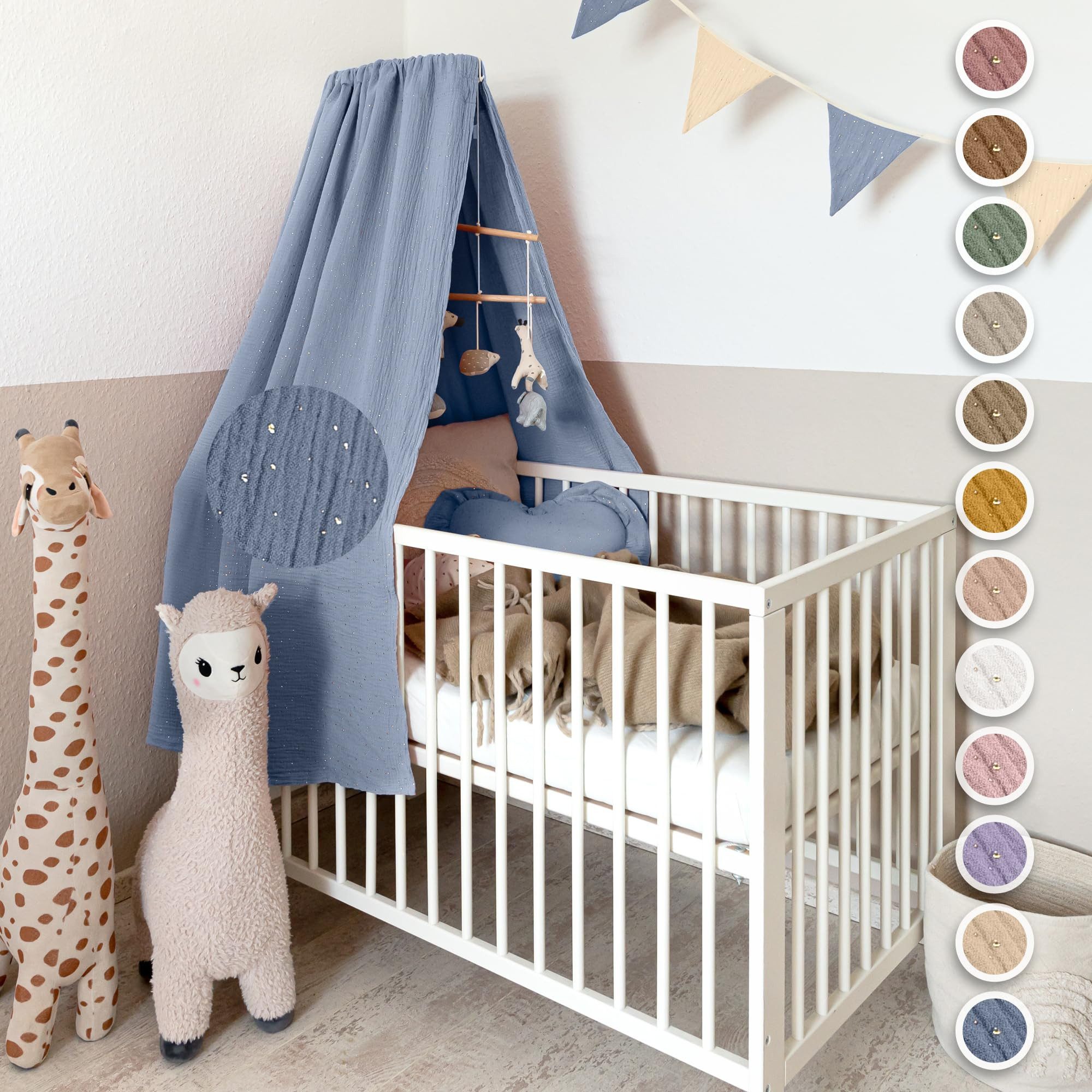 lilimaus Betthimmel Handgefertigter Baumwoll Betthimmel für Babybett, Gold Applikation, Stilvolle Musselin-Deko für Kinderzimmer, handgefertigt aus Baumwolle