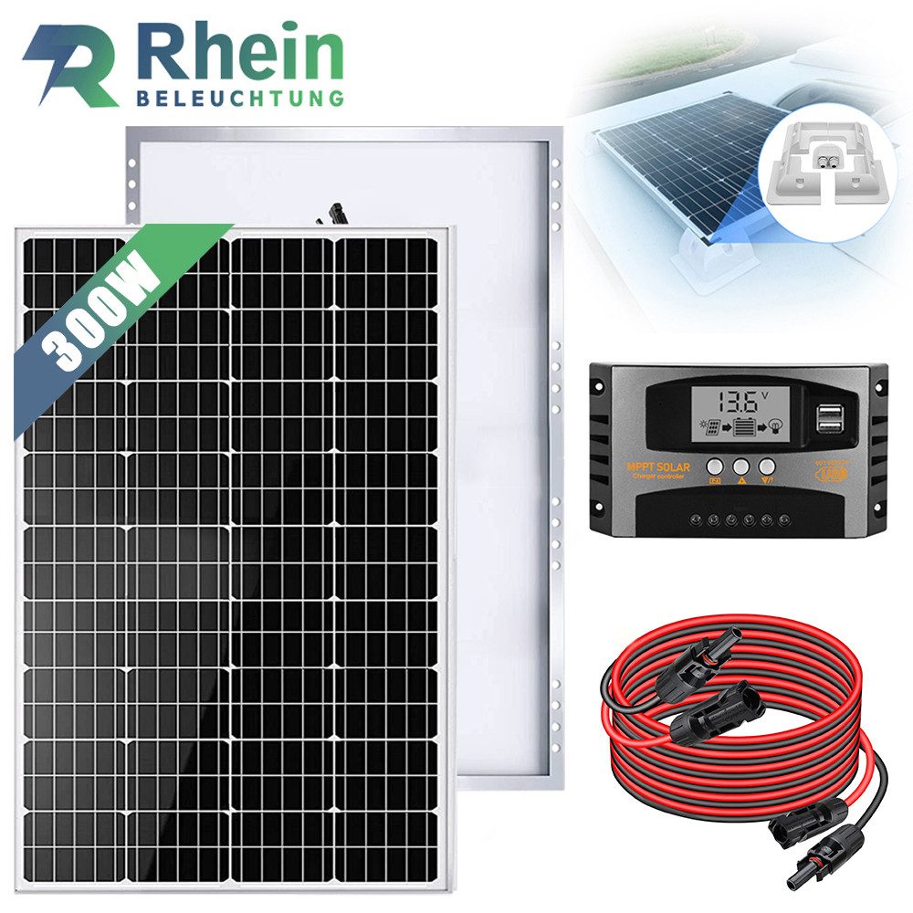 Rhein Beleuchtung Solarmodul 300W 12V Solaranlage Set – für Wohnmobil, Camping, Boot & Offgrid, 300 W, Monokristallin, (Set, 4-St., Inkl. 3 m MC4-Kabel, MC4-Stecker & Alurahmen – Plug & Play), Monokristallin mit MPPT Regler, IP65 wasserdicht & effizient