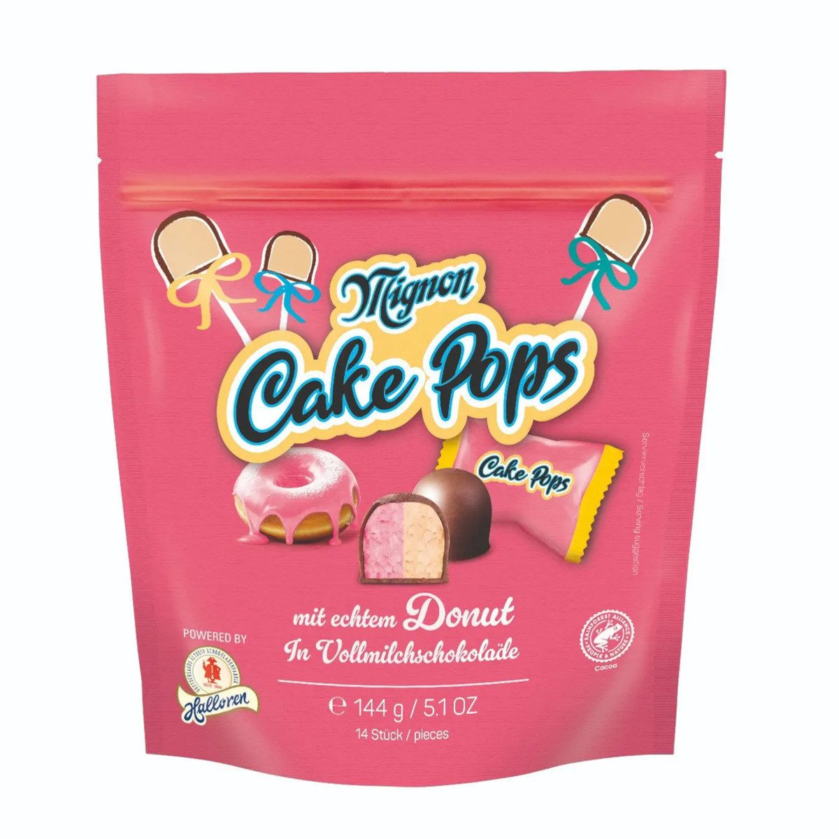 Halloren Schokolade, Halloren Mignon Cake Pops Donut Praline mit Donutfüllung 144g