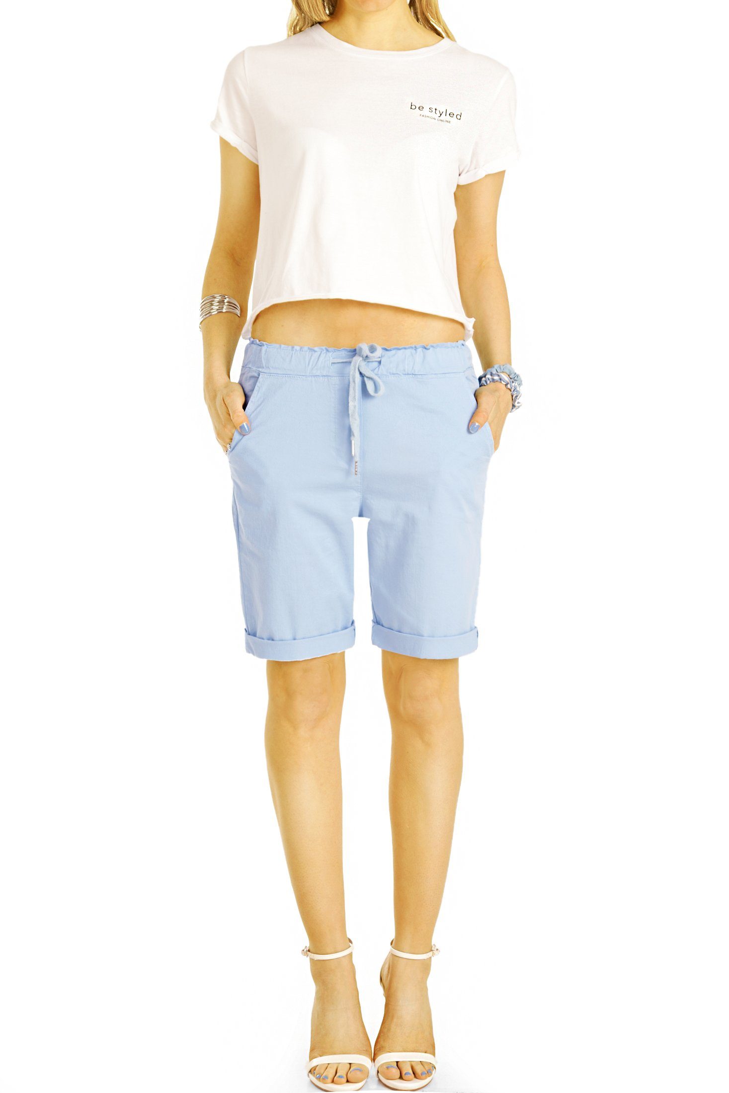 be styled Shorts Chino Stoff h28a Kurze - elastischem Unifarben, mit - Damen in Bund beige Shorts Kordelzug, lockere mit Kordelzug Hosen mit 