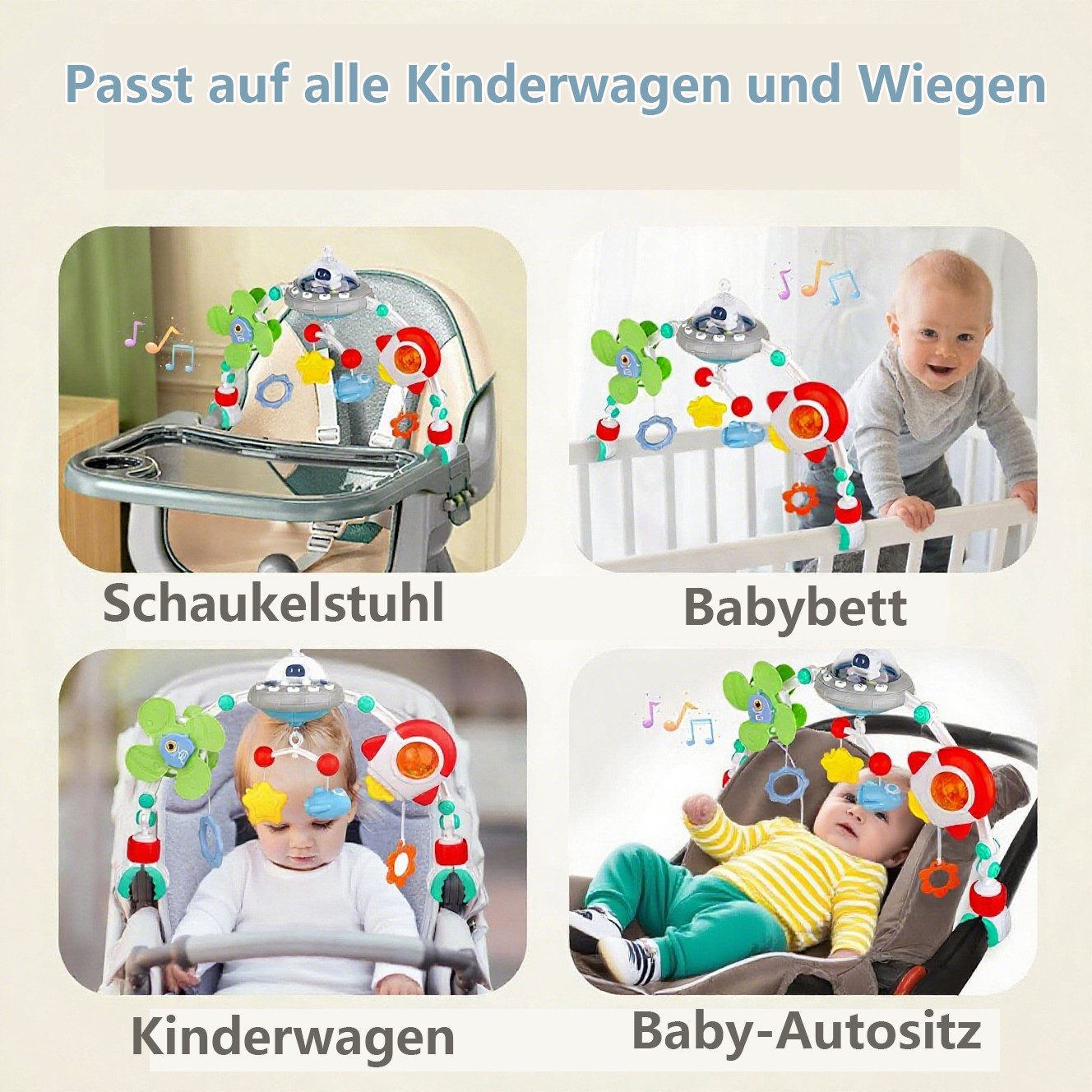Zaewry Mobile Kinderwagen-Spielbogen Mobile für Kinderbett mit Licht und Musik, Musikalisches Hängespielzeug für Babyschale & Kinderbett