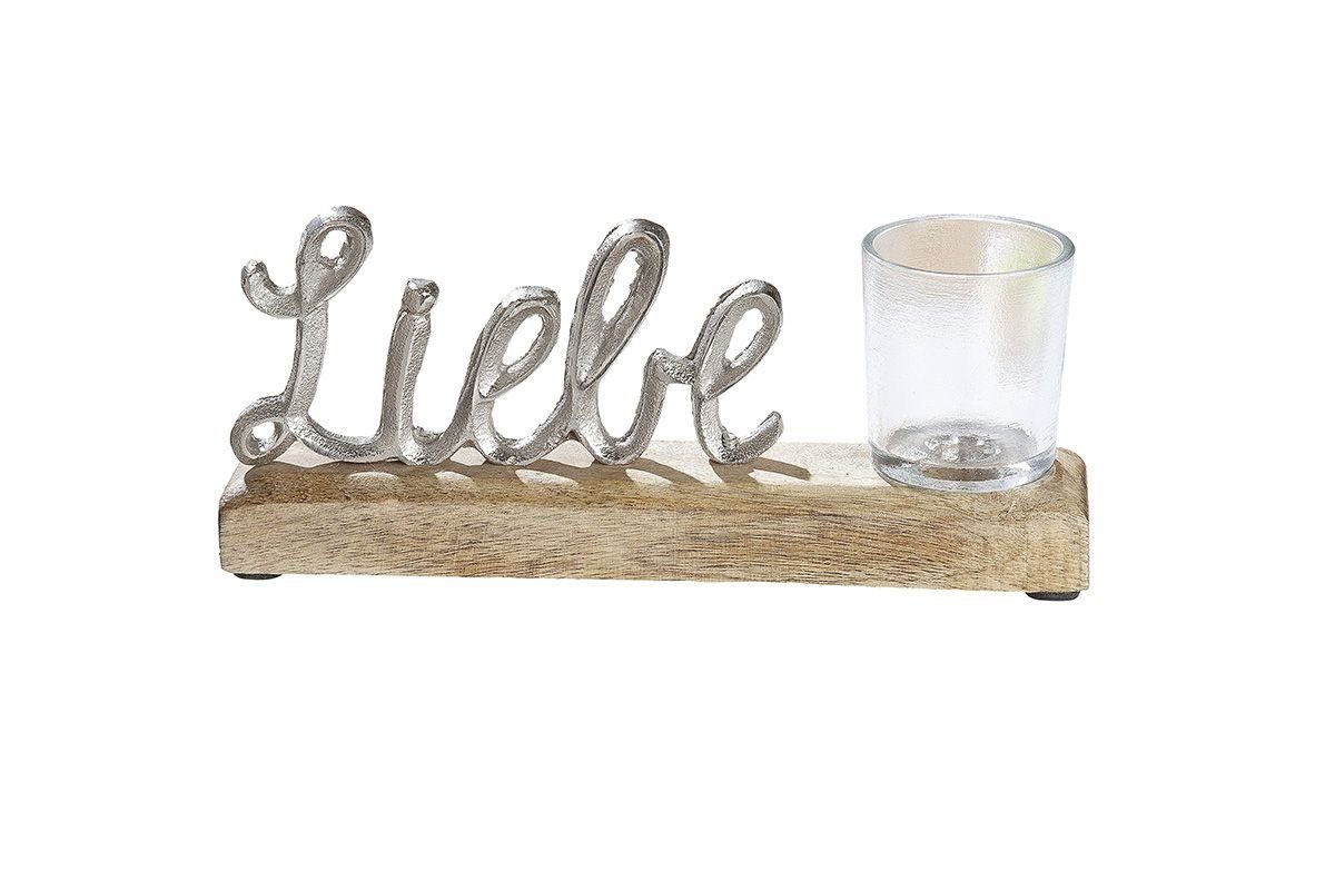 Sammelfigur GILDE Alu Mangoholz Teelichthalter Liebe 22,5 cm Schriftzug Love mit Glas Aufsteller