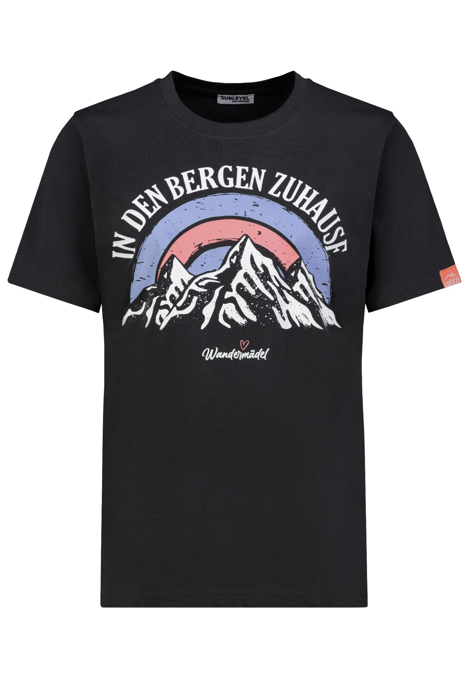 SUBLEVEL T-Shirt Damen Rundhalsshirt mit Bergprint Baumwollshirt mit Bergpanorama und Wander-Statements