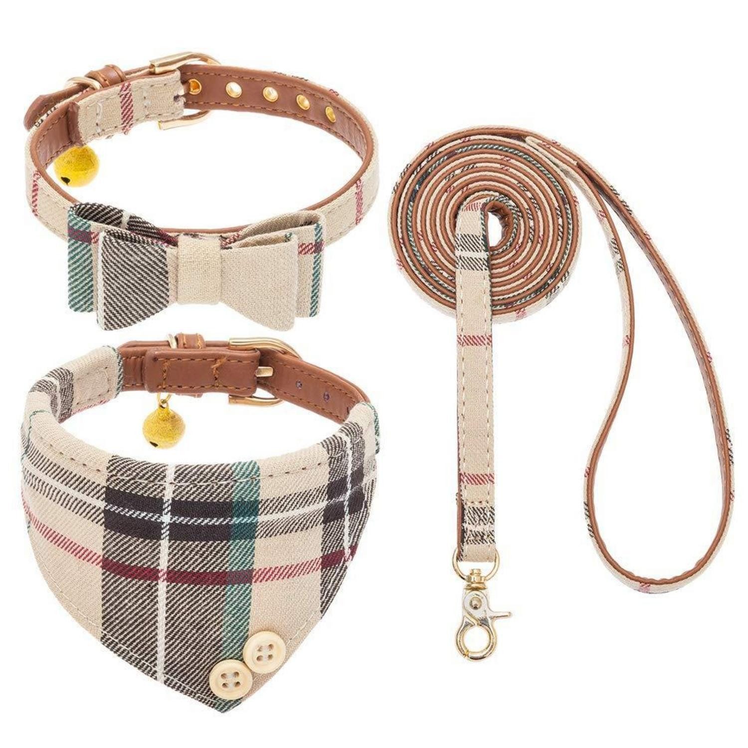LuxusKollektion Hunde-Halsband Hundehalsband und Leine Set beige Kariert