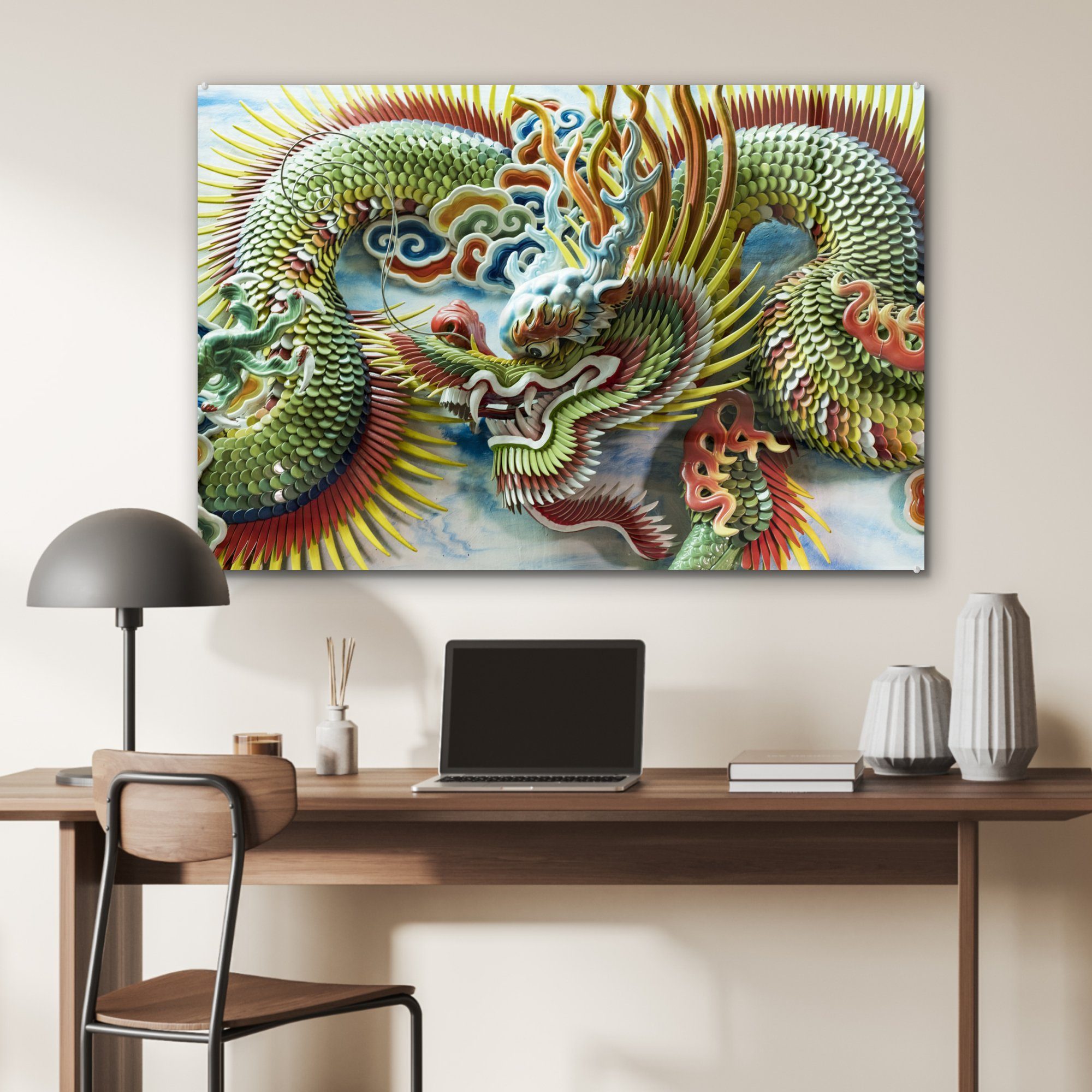 MuchoWow Wohnzimmer einem Drachen & St), chinesischen Acrylglasbilder von Dekoration farbigen (1 Schlafzimmer in Acrylglasbild Tempel,