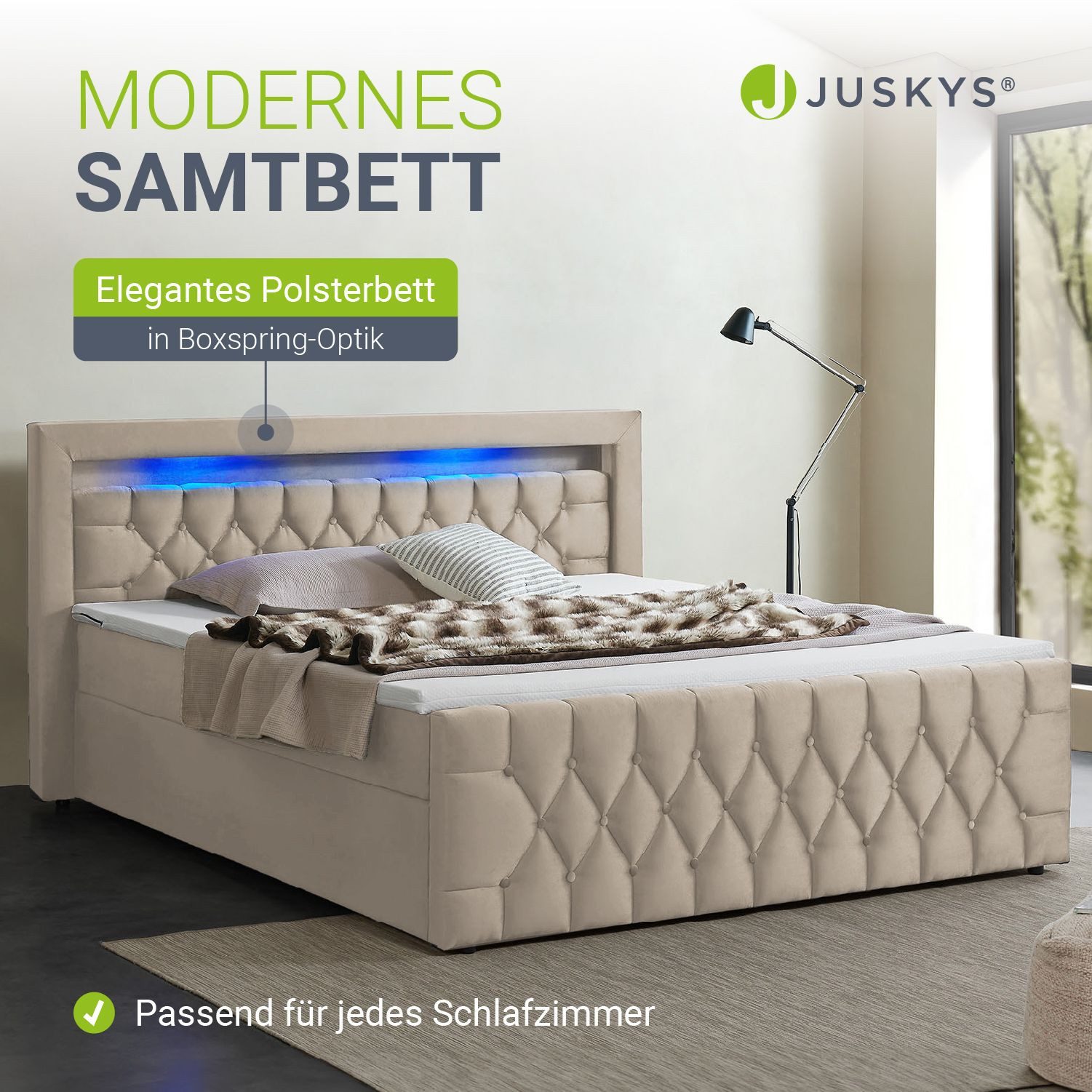 Juskys Polsterbett Leona, 140x200 cm, Boxspringbett-Optik, Samt-Bezug, LED-Licht, H4 Matratze