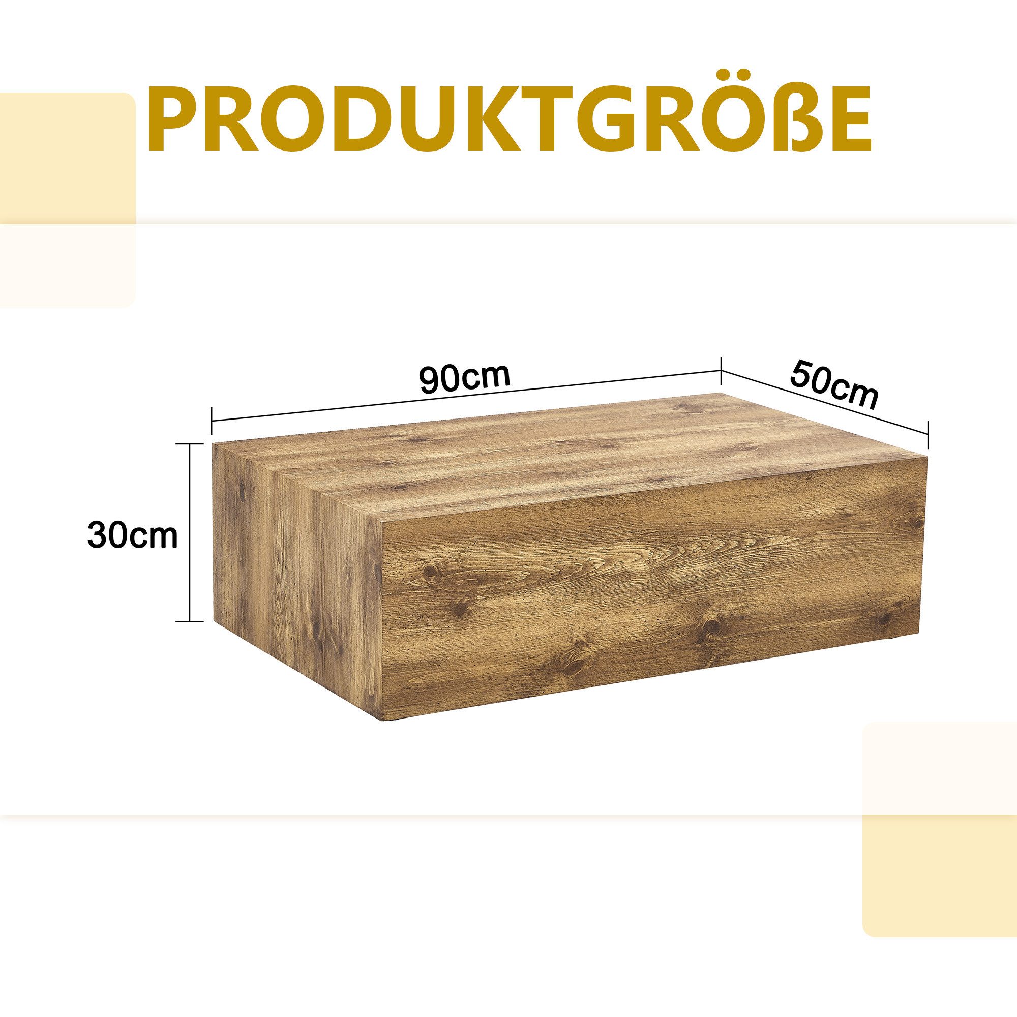 gopop Wohnzimmertisch Rechteckig ohne Aufbauaufwand mit rutschfesten Füßen (1-St), Stabiler MDF-Gestell mit holzimitierender Textur 90×50×30cm