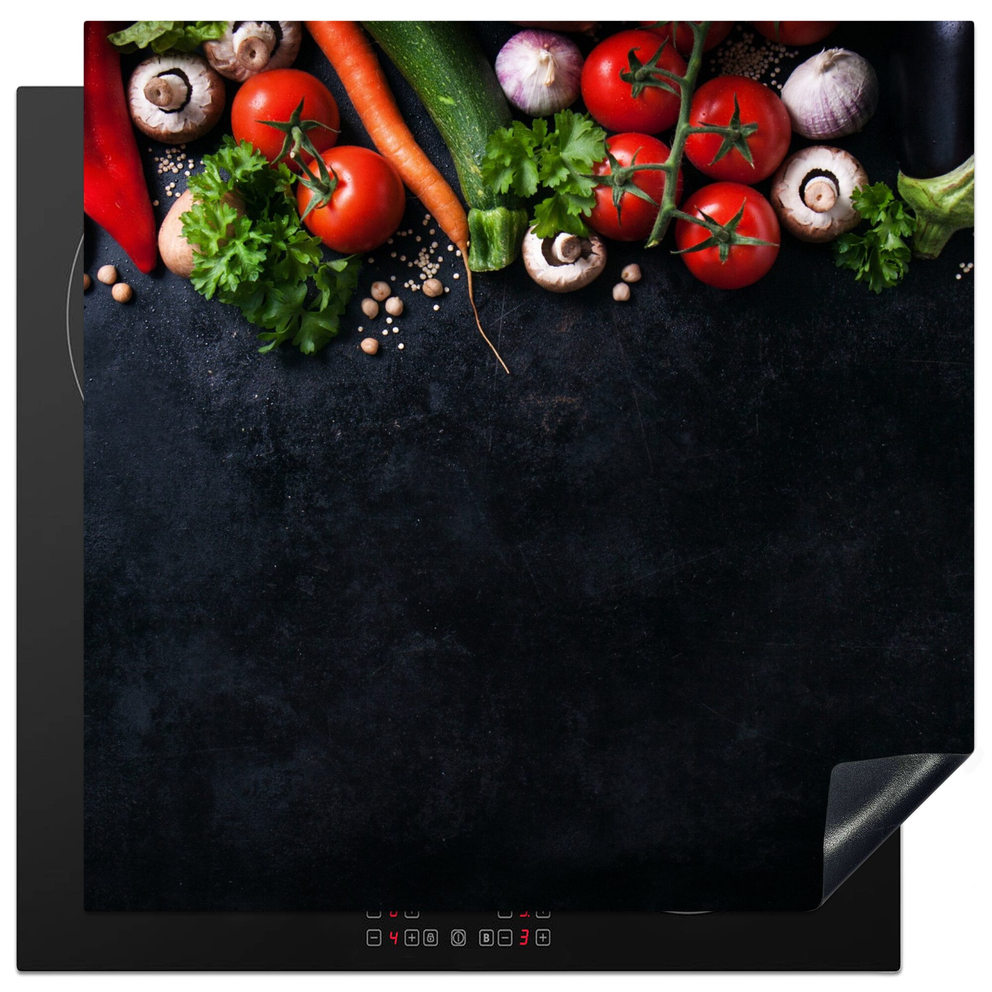 MuchoWow Herd-Abdeckplatte Gemüse - Kräuter - Gewürze - Schwarz - Rustikal - Küche, Vinyl, (1 tlg), Cerankochfeld Abdeckung, Herd Abdeckplatten Vinyl, 58x59 cm