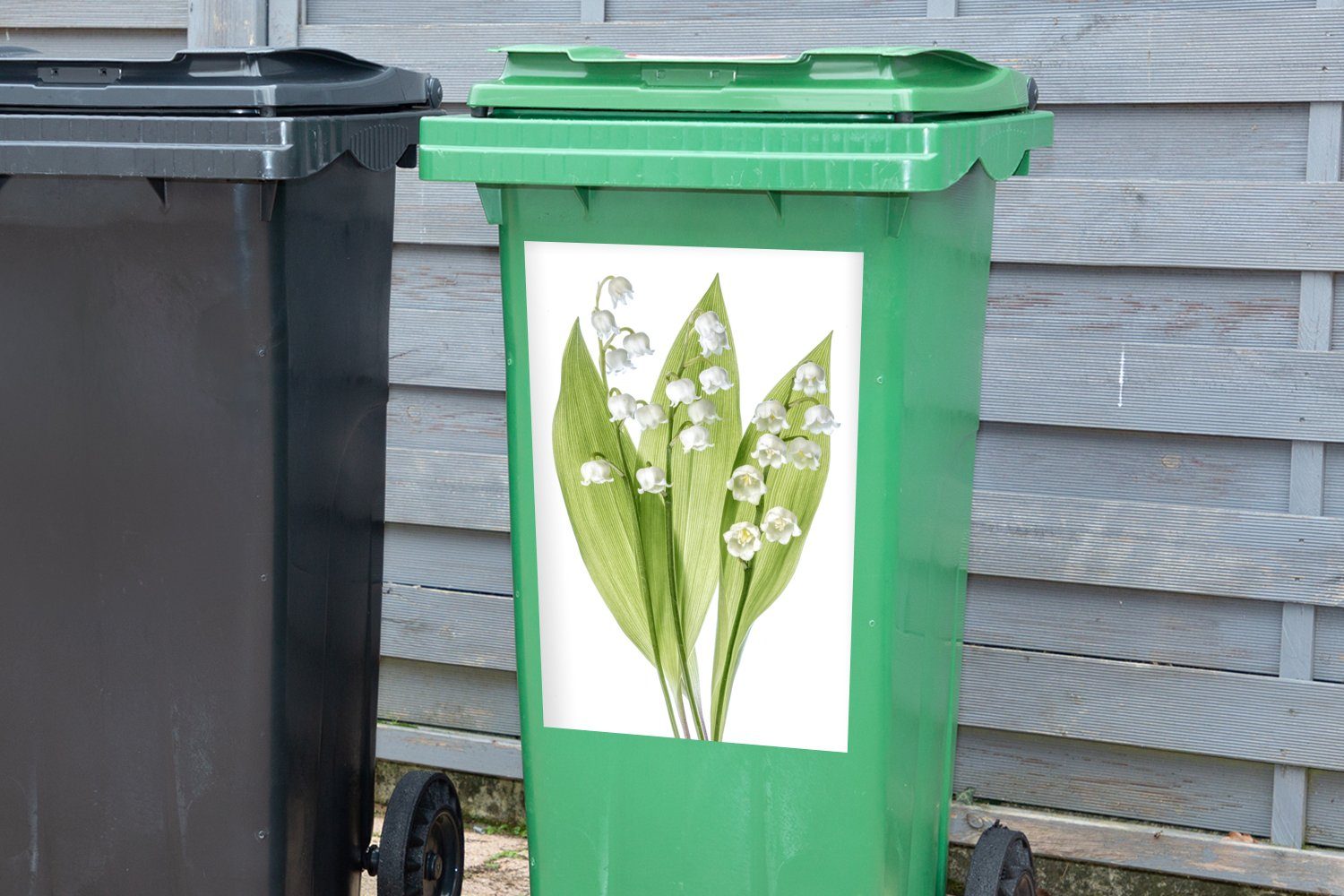 MuchoWow Wandsticker Ein Porträt der Dalen Lilie von Abfalbehälter St), weißen der Sticker, Mülltonne, Blüten (1 Mülleimer-aufkleber, Container
