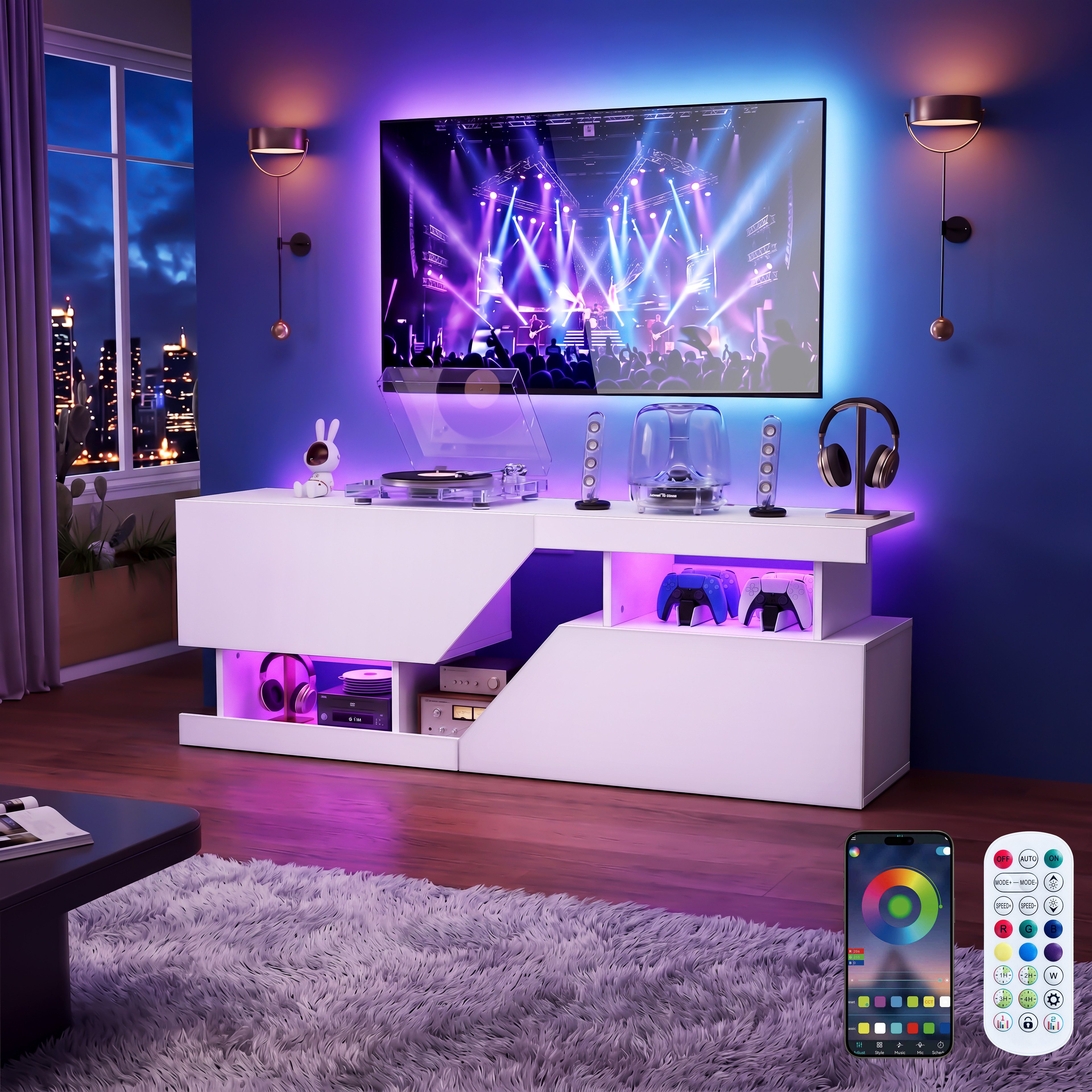 oyajia Lowboard TV-Schrank, Fernsehschrank mit RGB-LED und Stauraum (für Fernseher bis 65 Zoll), TV-Schrank mit Mit 2 Türen, Regalen und viel Stauraum, 140x35x49.5cm