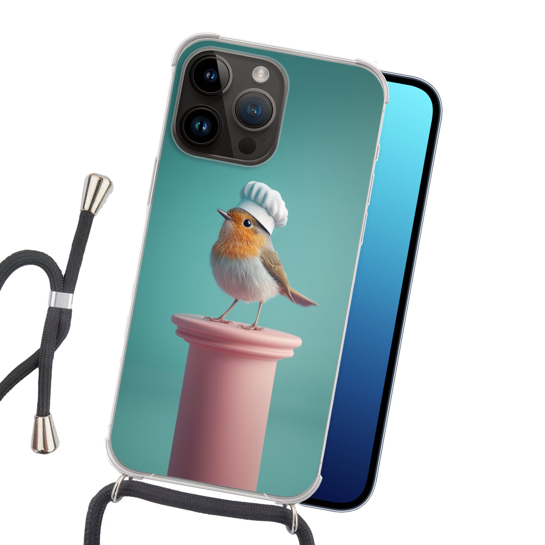 MuchoWow Handyhülle für Apple iPhone 14 Pro Max Rotkehlchen - Vogel - Kochmütze - Sockel, Tragbare Handyhüllen mit Kette zum umhängen, Handykette Handyband