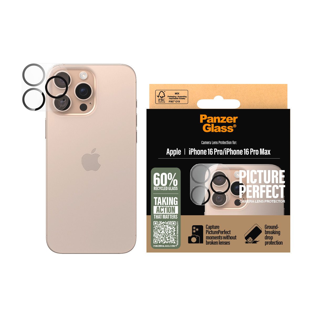 PanzerGlass Kameraschutzglas PicturePerfect Camera Lens Protection für Apple iPhone 16 Pro, Apple iPhone 16 Pro Max, 3 Stück, Lens Cover, Schutzfolie, Schutzglas, kratz- & stoßfest