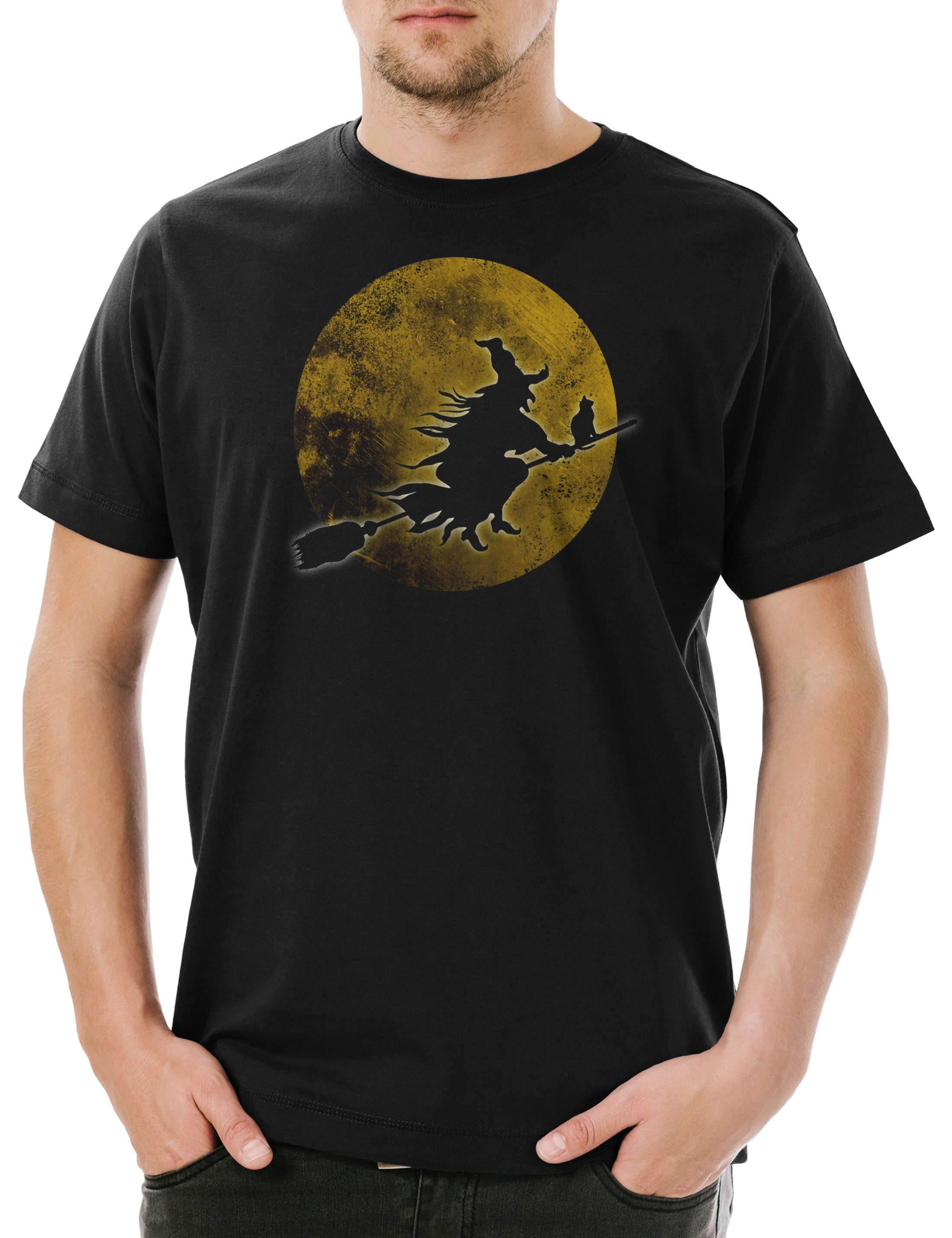 Print-Shirt Witch Moon Herren T-Shirt Hexe Mond Hexen Besen Schwarzer Kater Katze