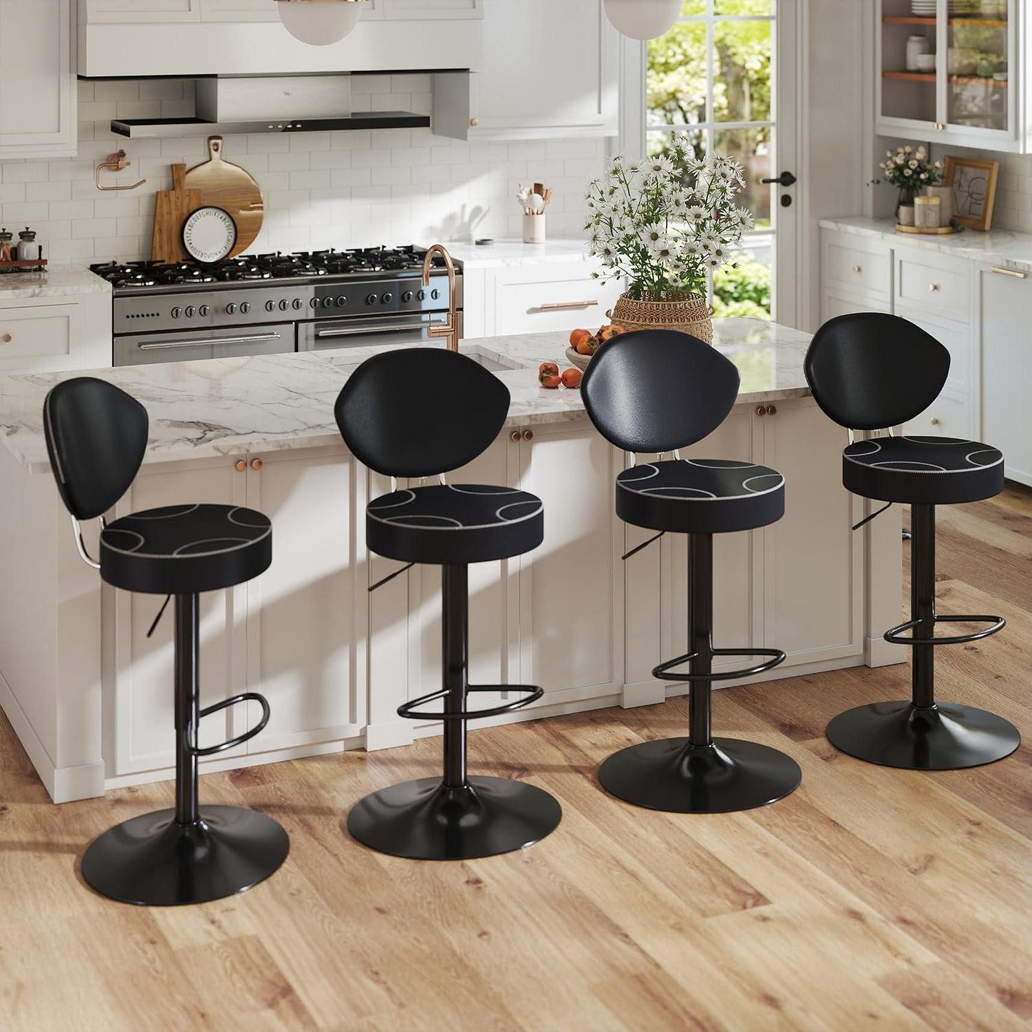 Barhocker Barhocker 4er Set Drehbar Rückenlehne Kunstleder Schwarz 4er-Set