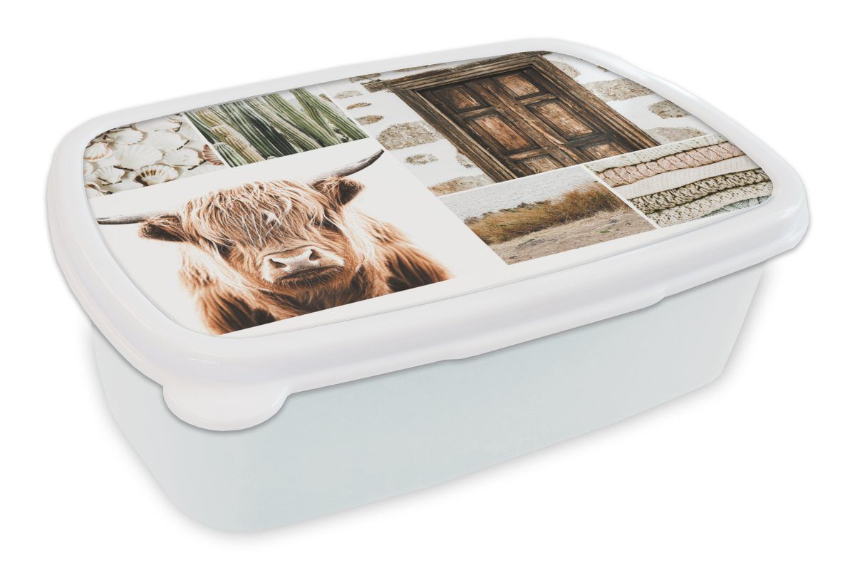 MuchoWow Lunchbox Schottischer Highlander - Collage - Weiß - Beige, Kunststoff, (2-tlg), Brotbox für Kinder und Erwachsene, Brotdose, für Jungs und Mädchen