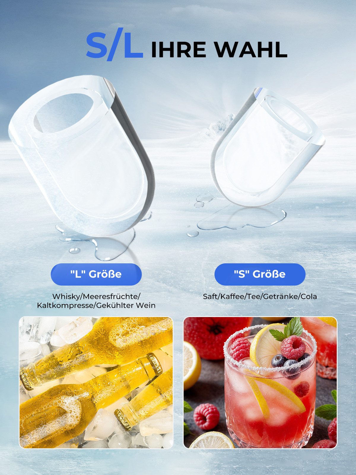 FOHERE Eiswürfelmaschine Eiswürfel in 5 Minuten, Selbstreinigender Mini Eiswürfelbereiter, 14KG in 24 Stunden, 2 Eiswürfel Größen für Küche, Büro, Bar und Party – Bild 4 von 5