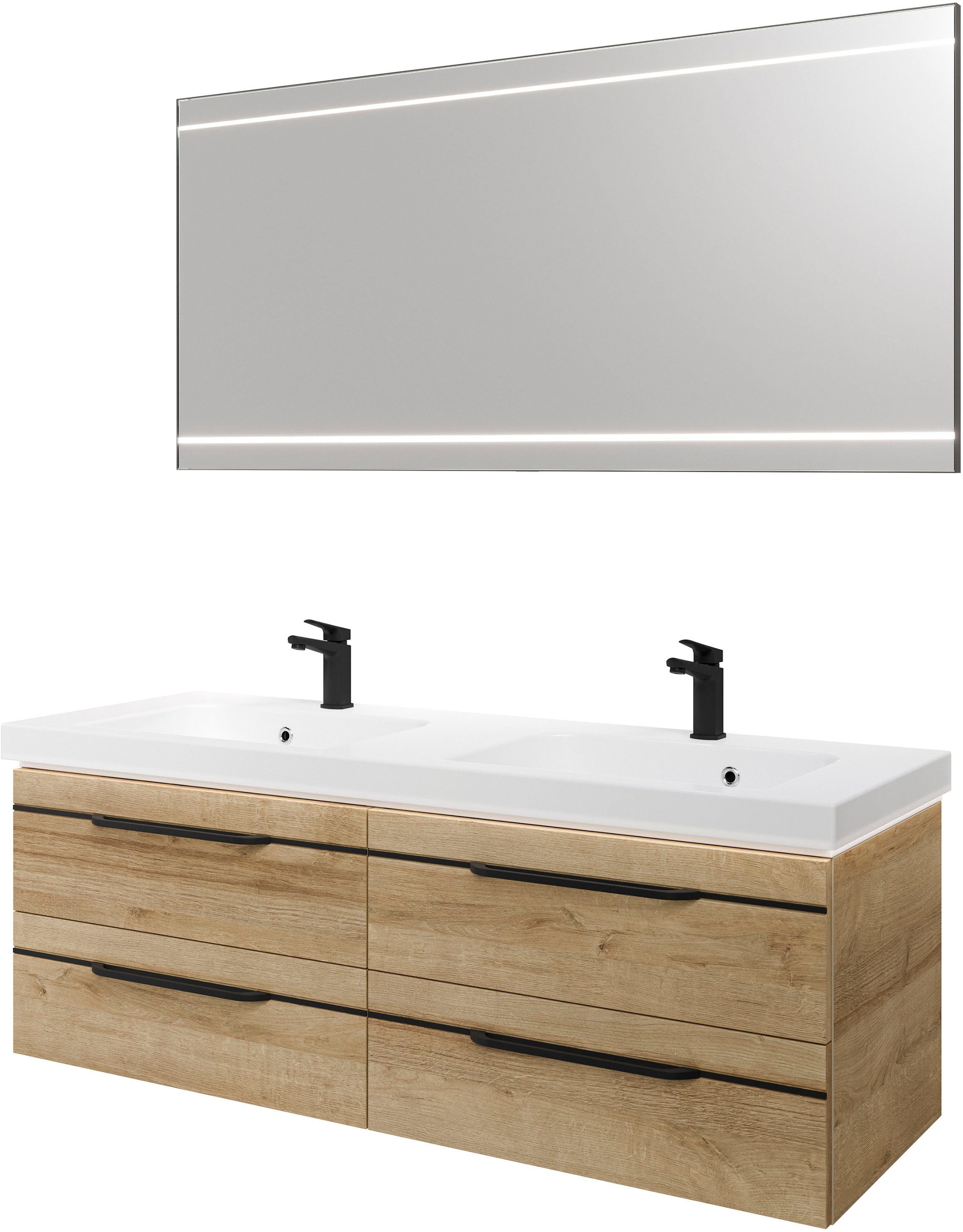 Saphir Badmöbel-Set Balto 2-teilig Mineralmarmor-Doppelwaschtisch mit LED-Spiegel, (2-St), Waschplatz 150 cm breit, 4 Schubladen, inkl. Schubladendämpfer