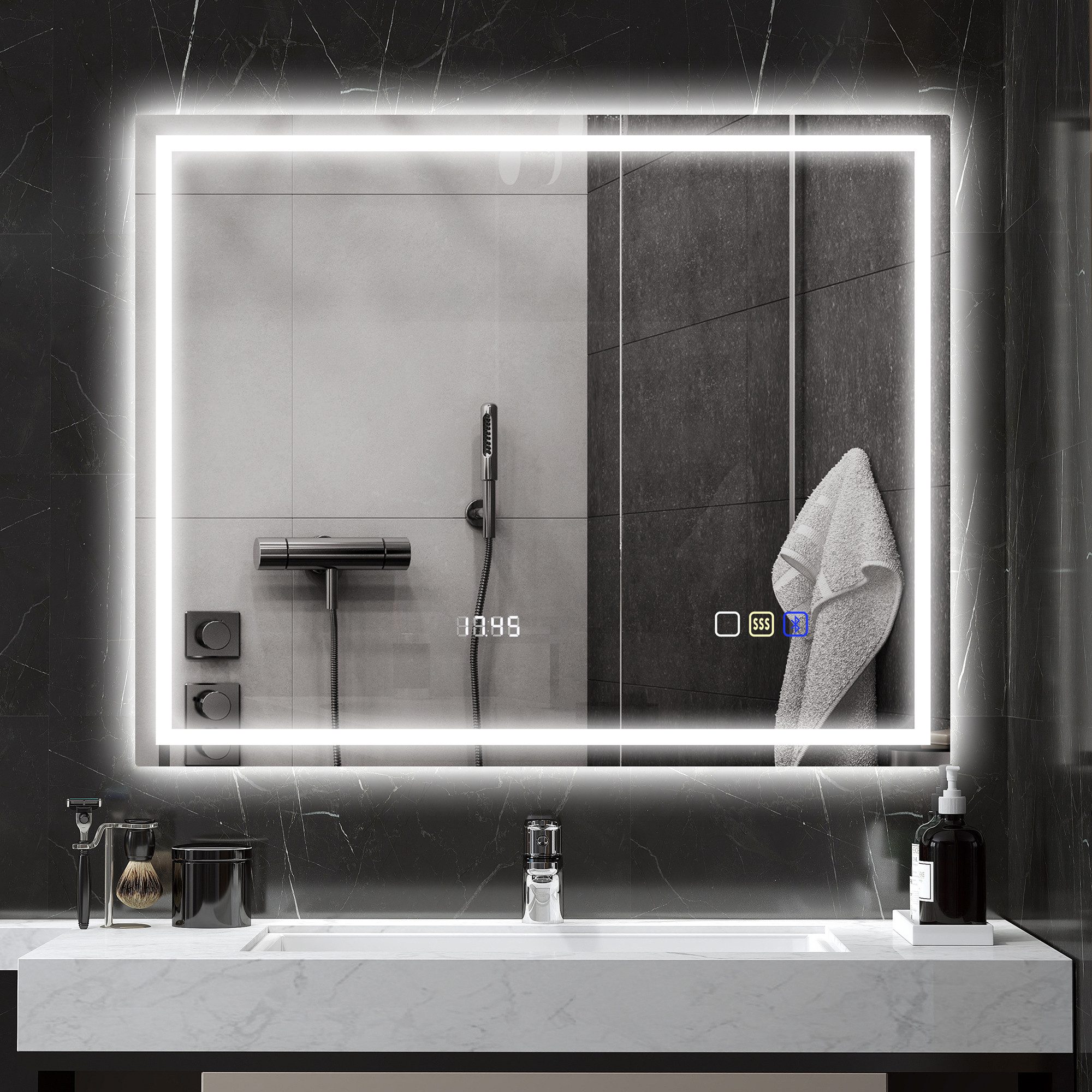 HOMCOM Badspiegel mit Bluetooth-Funktion, Entnebelungsfunktion, 3 Lichtfarben (Beschlagfrei Wandspiegel, 1-St., dimmbar LED Spiegel), für Badezimmer, Silber