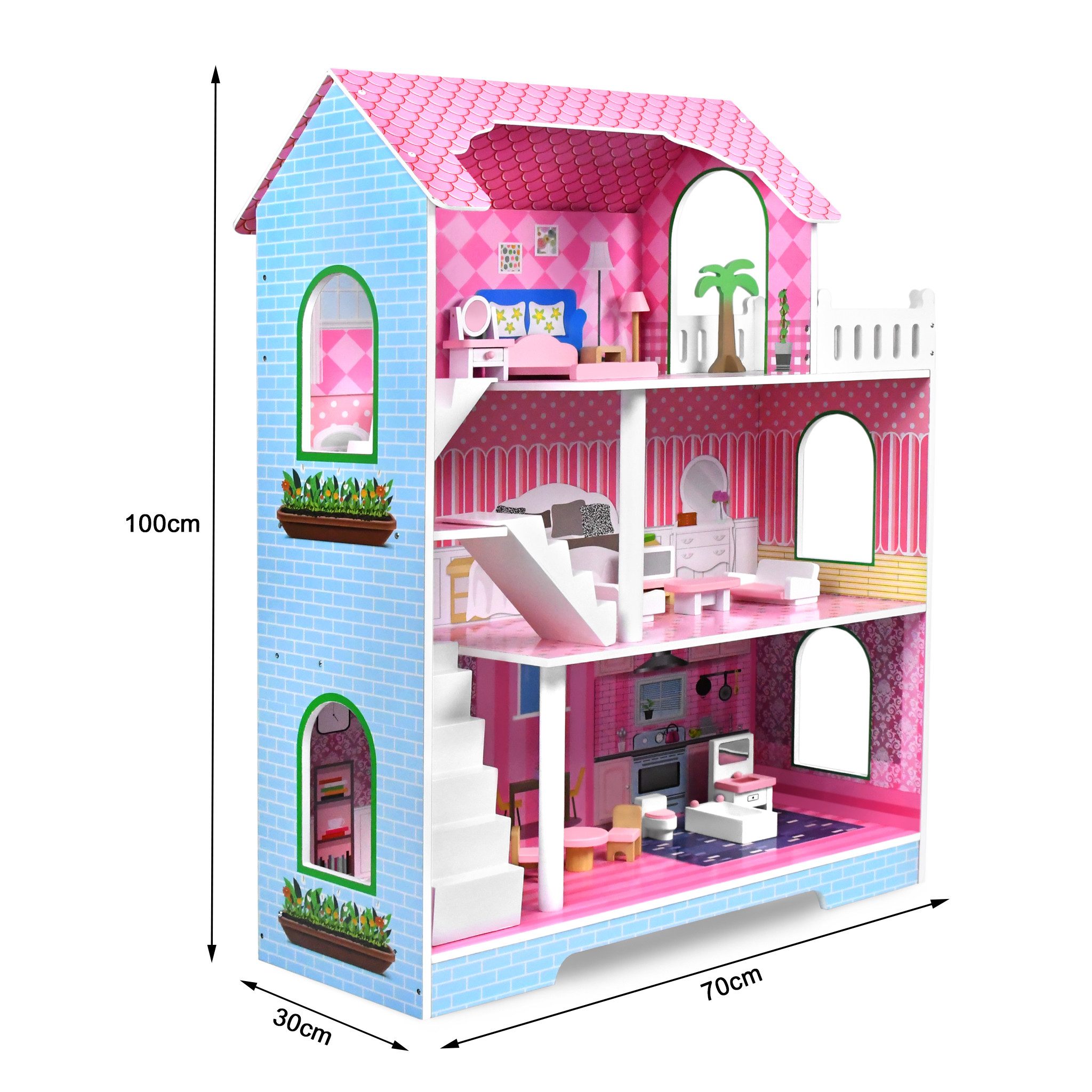FIVMEN Puppenhaus Holzpuppenhaus MDF und Puppenstube mit 3 Etage