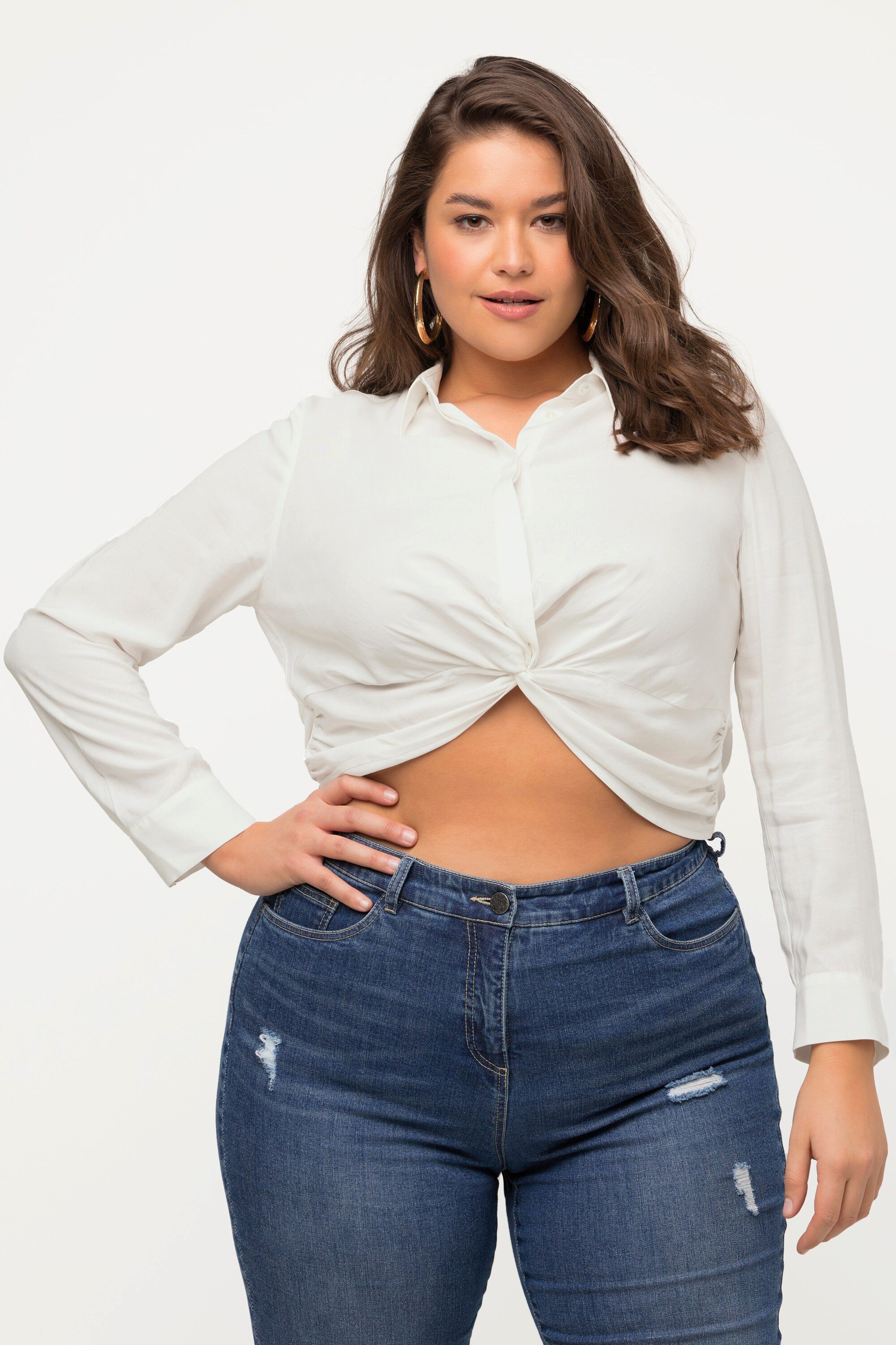 Ulla Popken Hemdbluse Hemdbluse Knoten kurz Hemdkragen Langarm